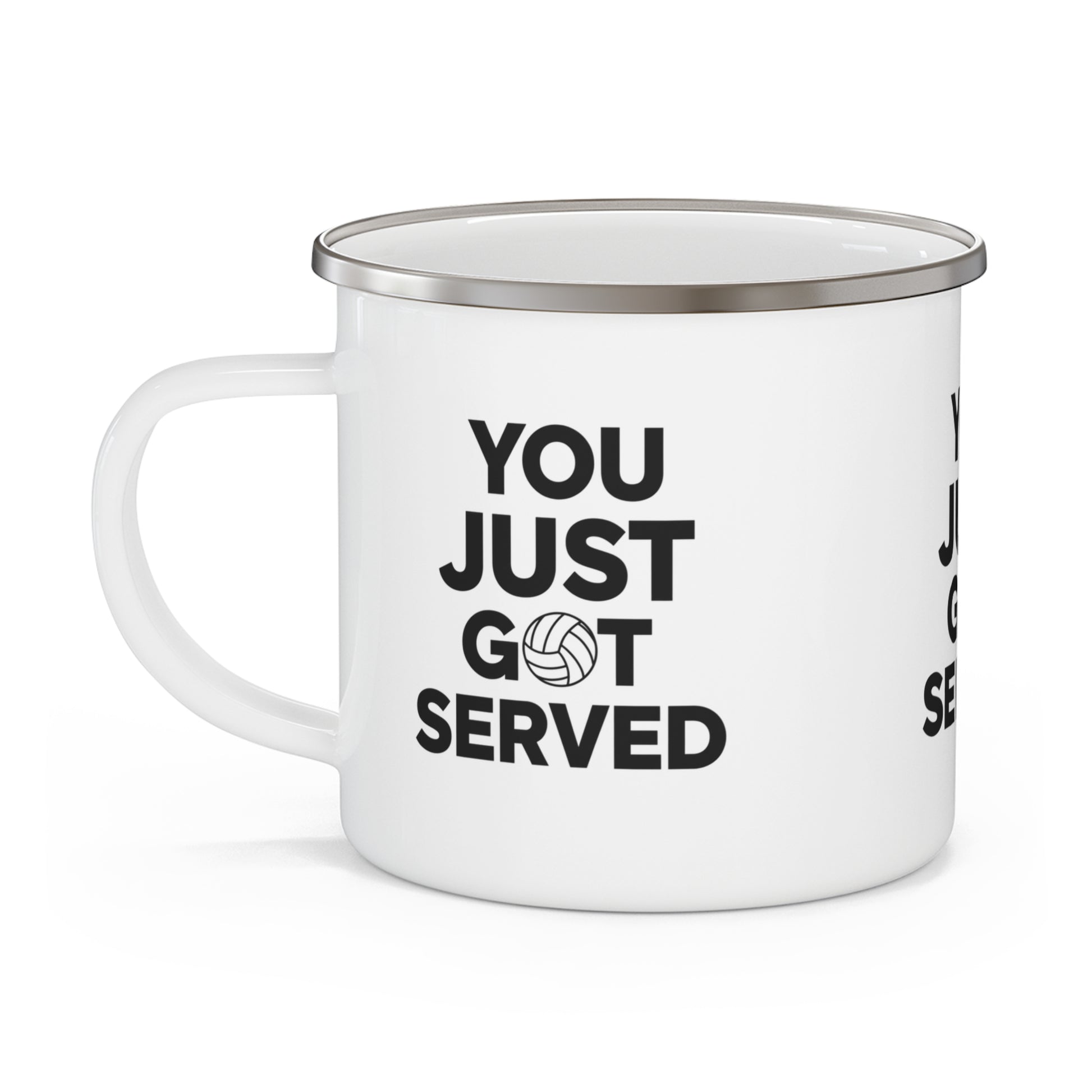 Enamel mug beside volleyball gear and sunglasses.