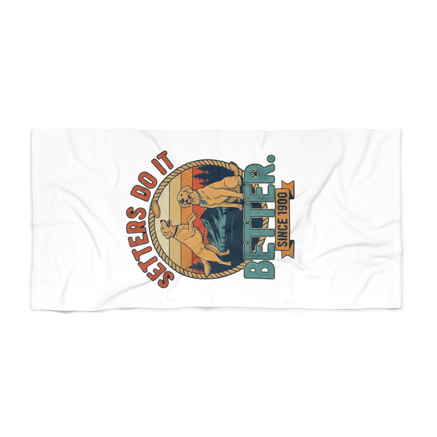 volleyball beach towel with “Setters Do It Better” text and two yellow dogs