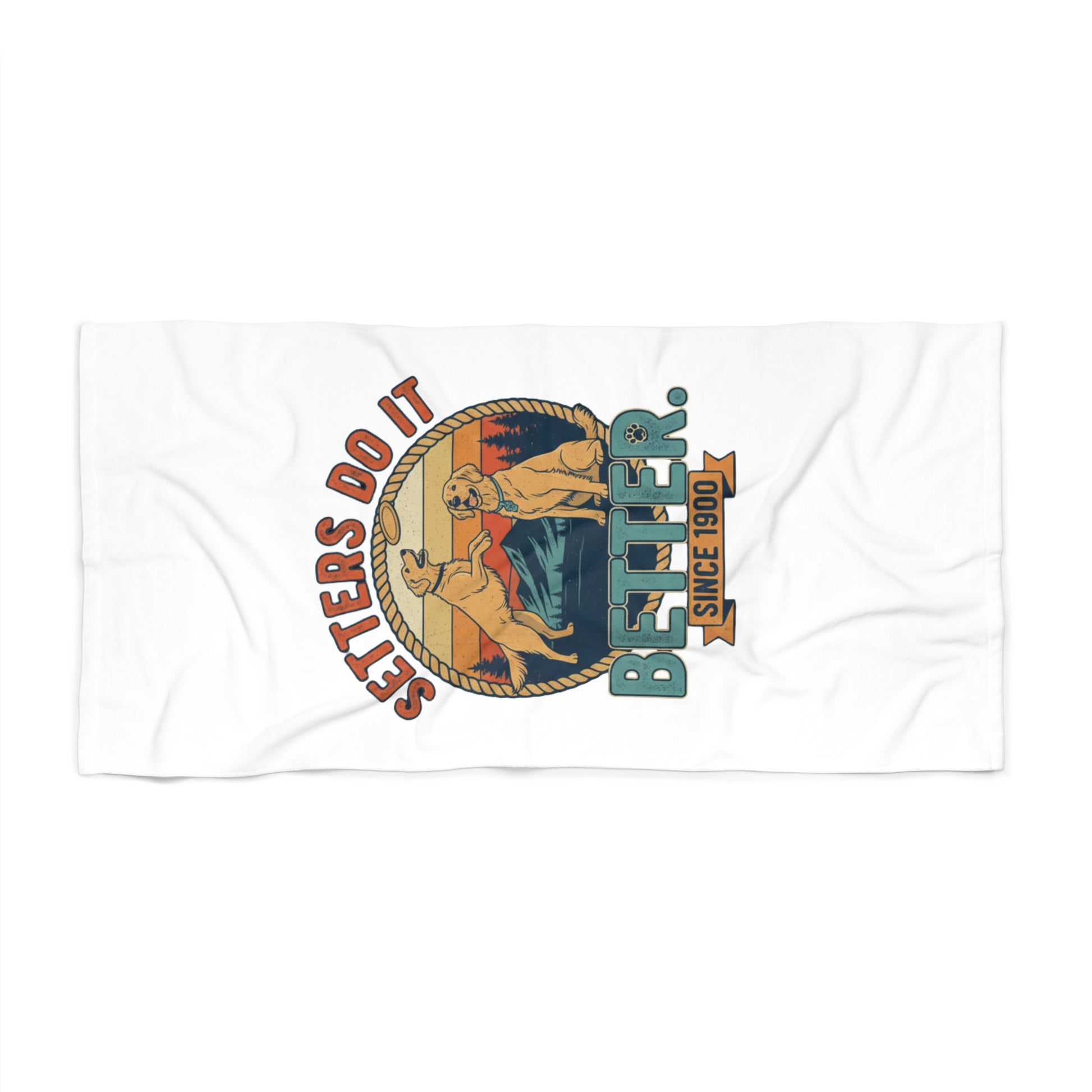 volleyball beach towel with “Setters Do It Better” text and two yellow dogs
