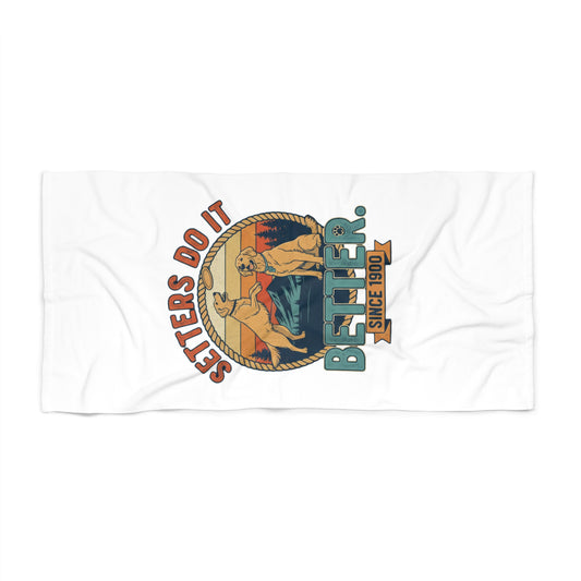 volleyball beach towel with “Setters Do It Better” text and two yellow dogs