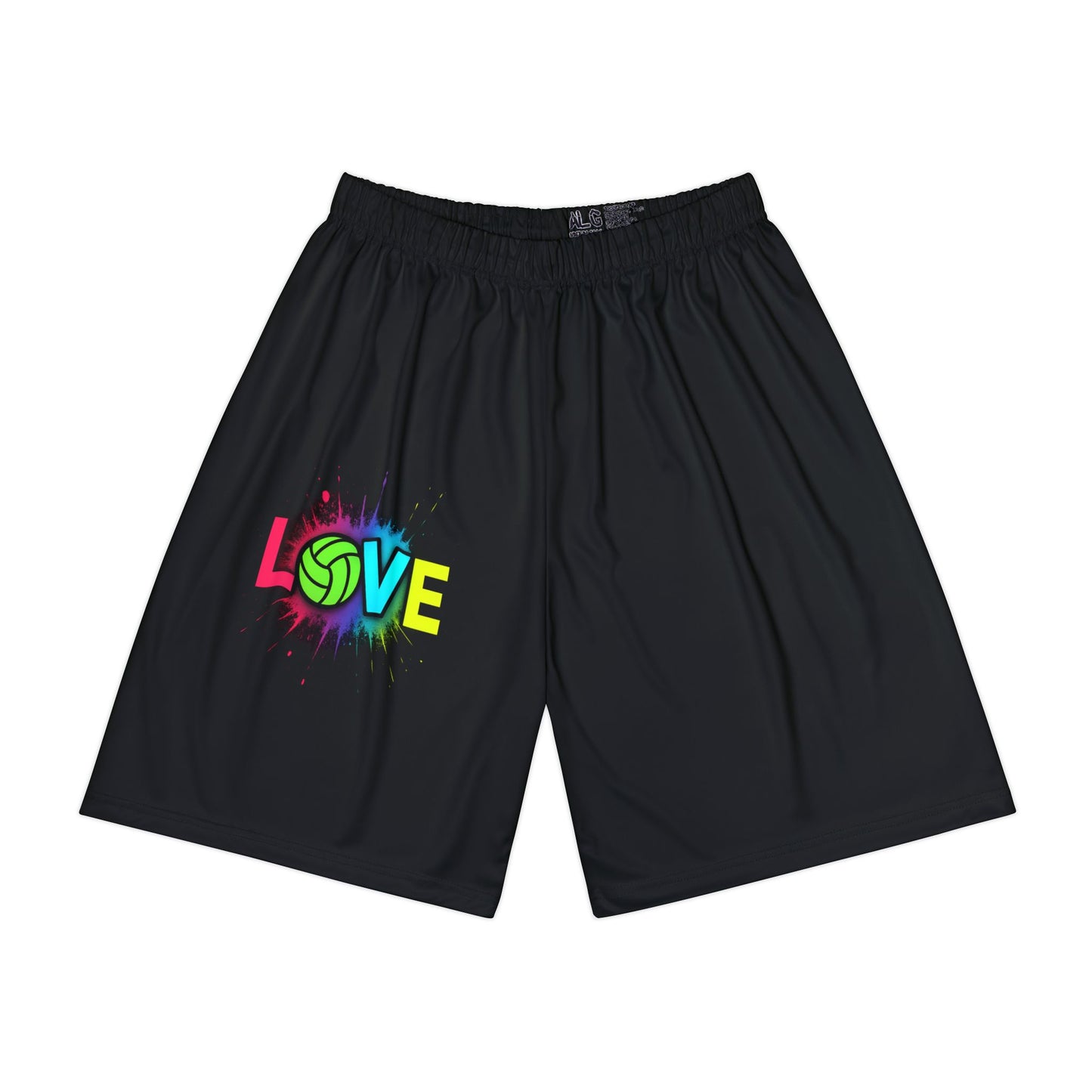 Black volleyball athletic shorts featuring Neon Love Volleyball design