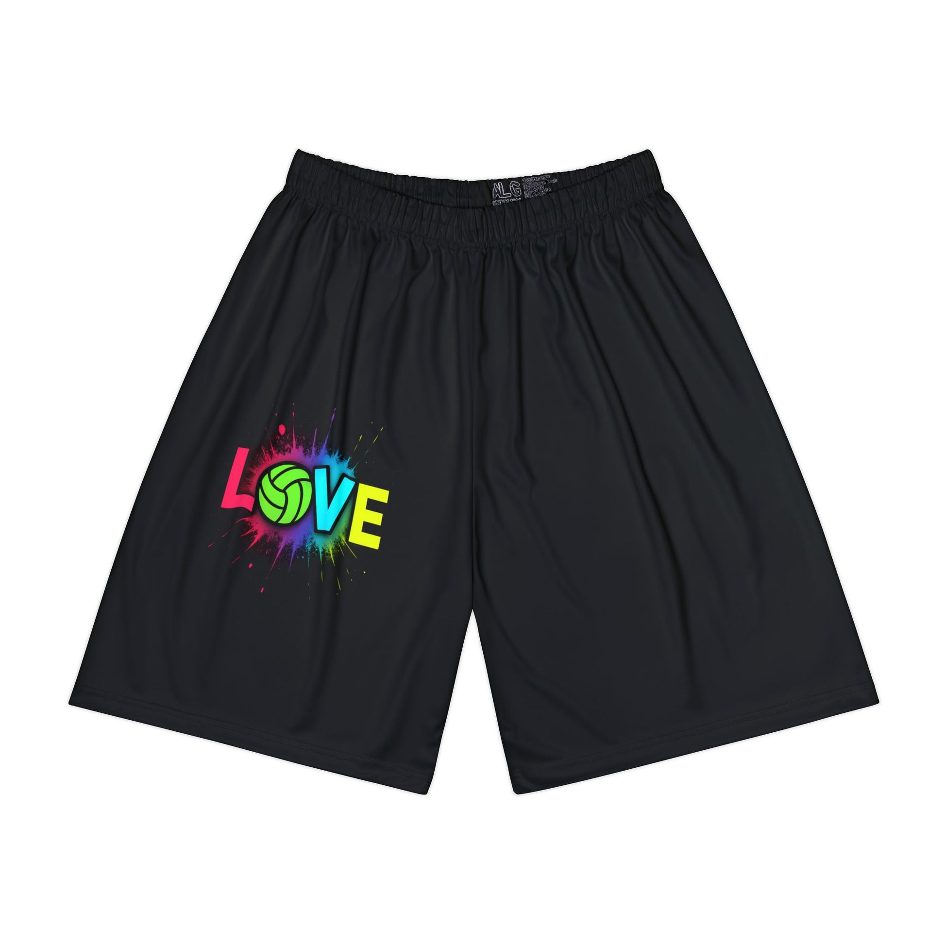 Black volleyball athletic shorts featuring Neon Love Volleyball design