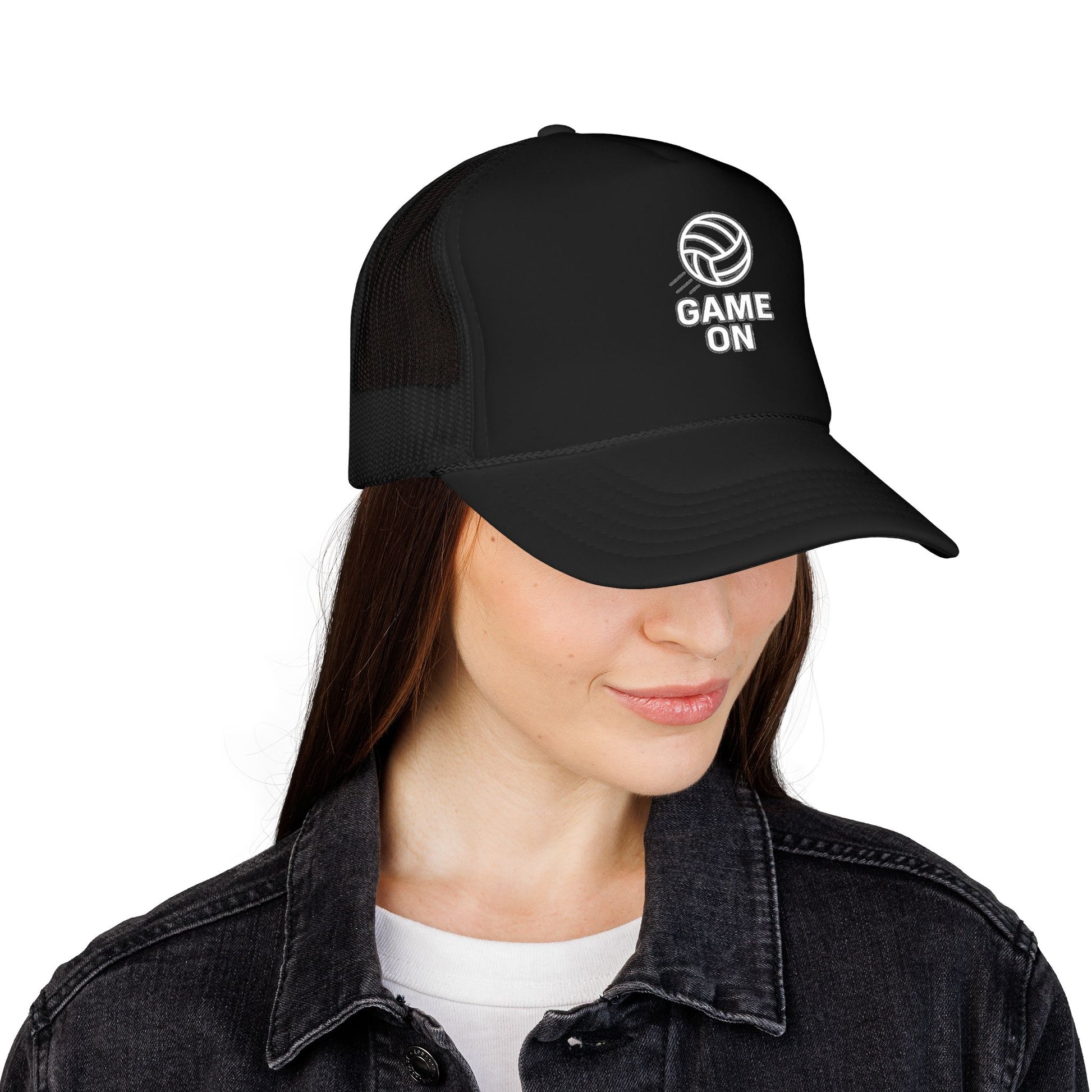 Bold Game On typography trucker hat graphic