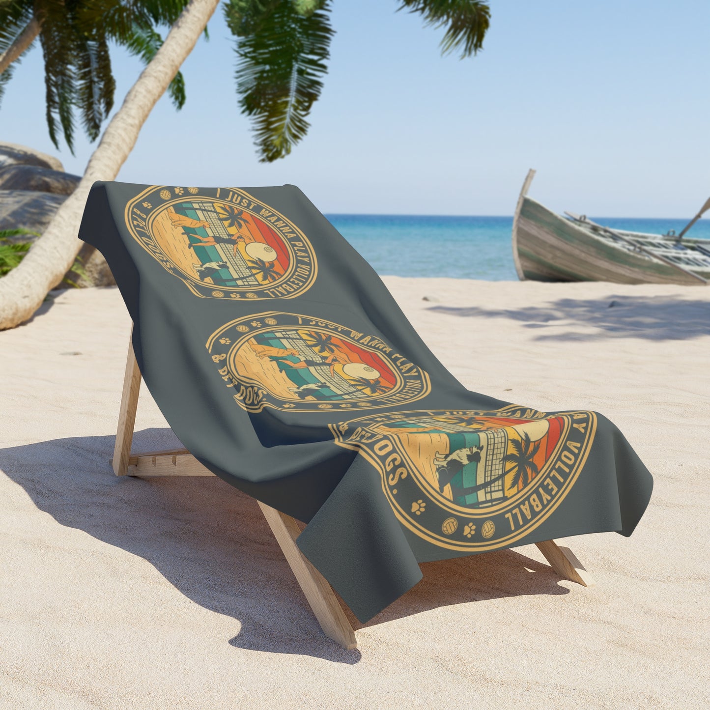 Playful volleyball and dog text graphic on towel.