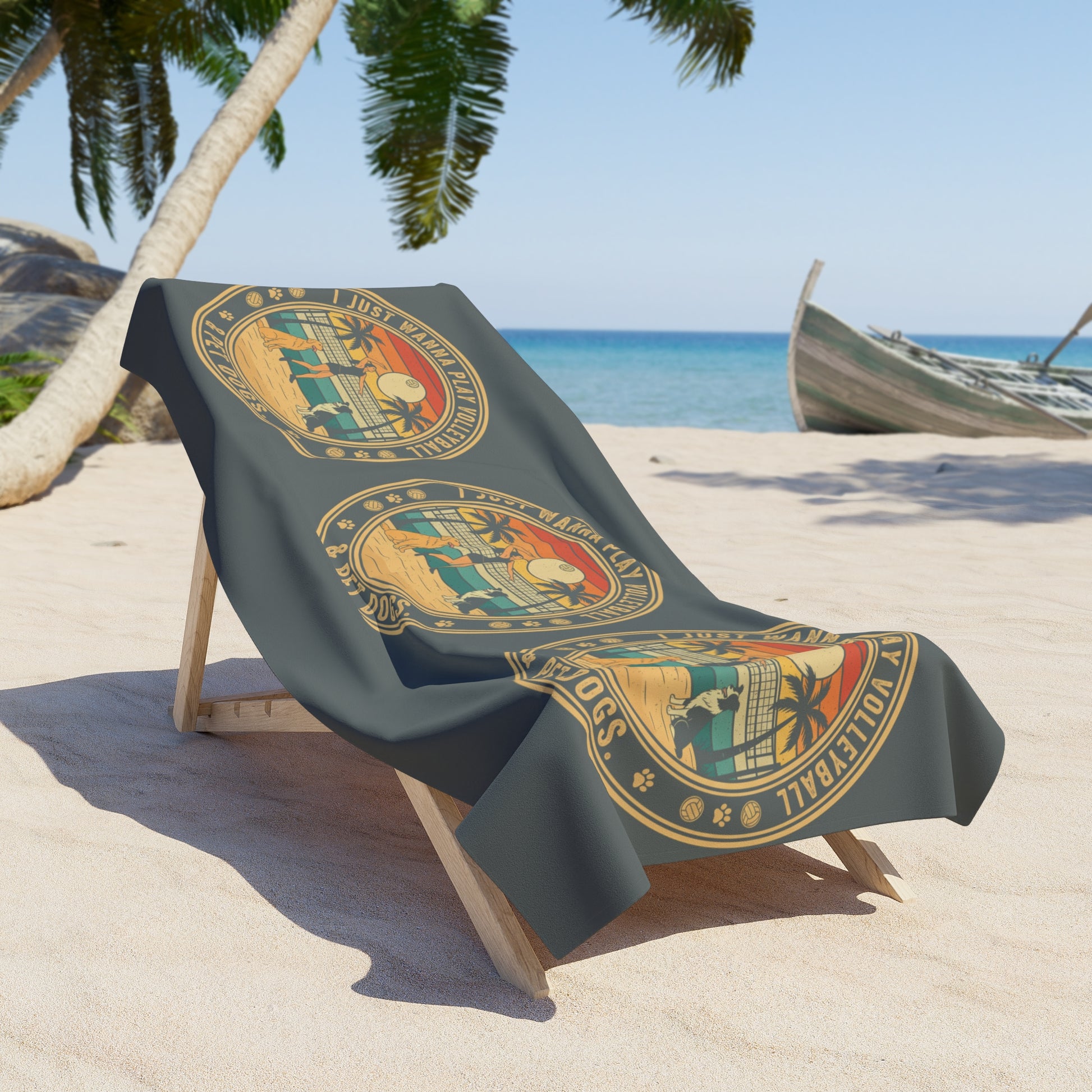 Playful volleyball and dog text graphic on towel.