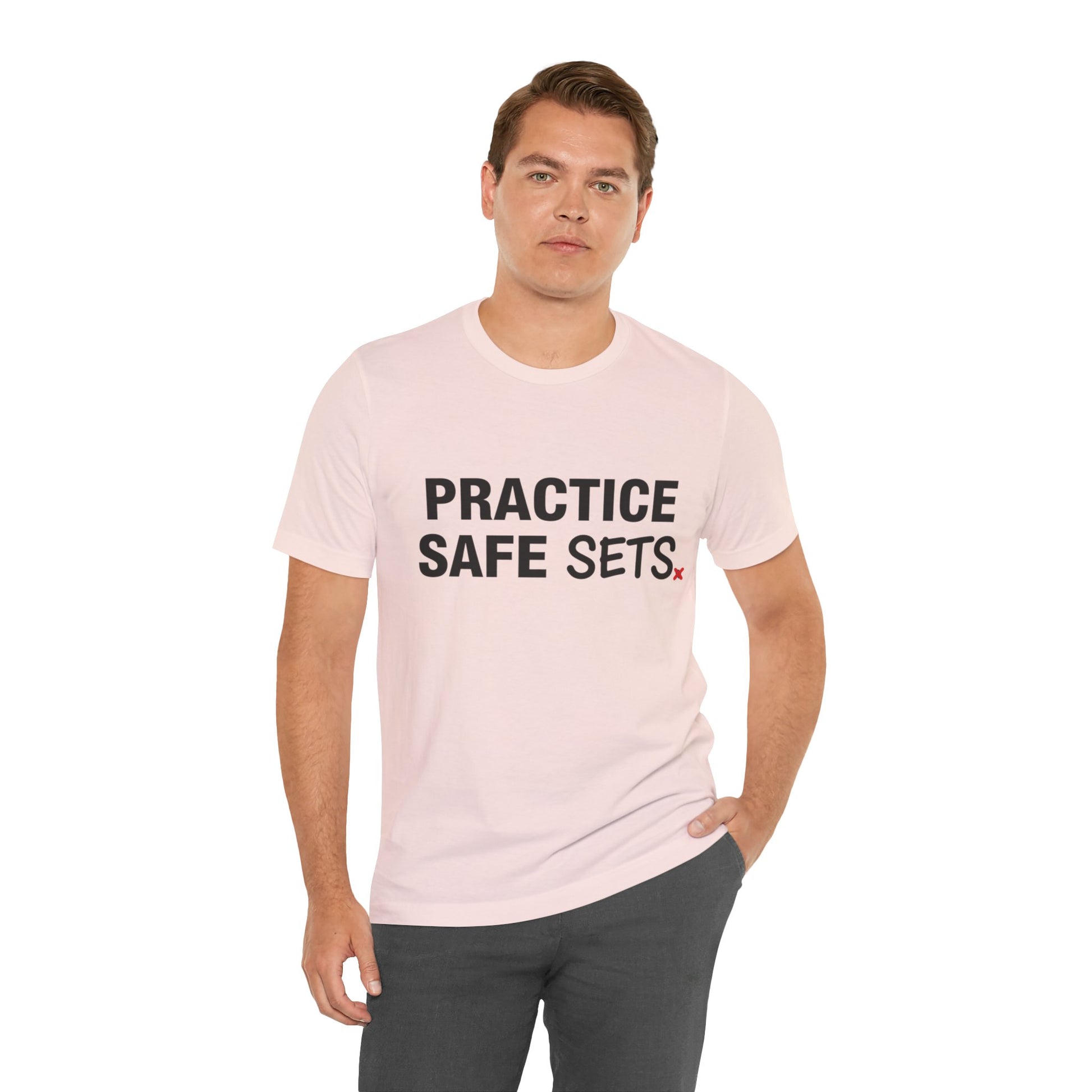 Simple bold text volleyball slogan Practice Safe Sets