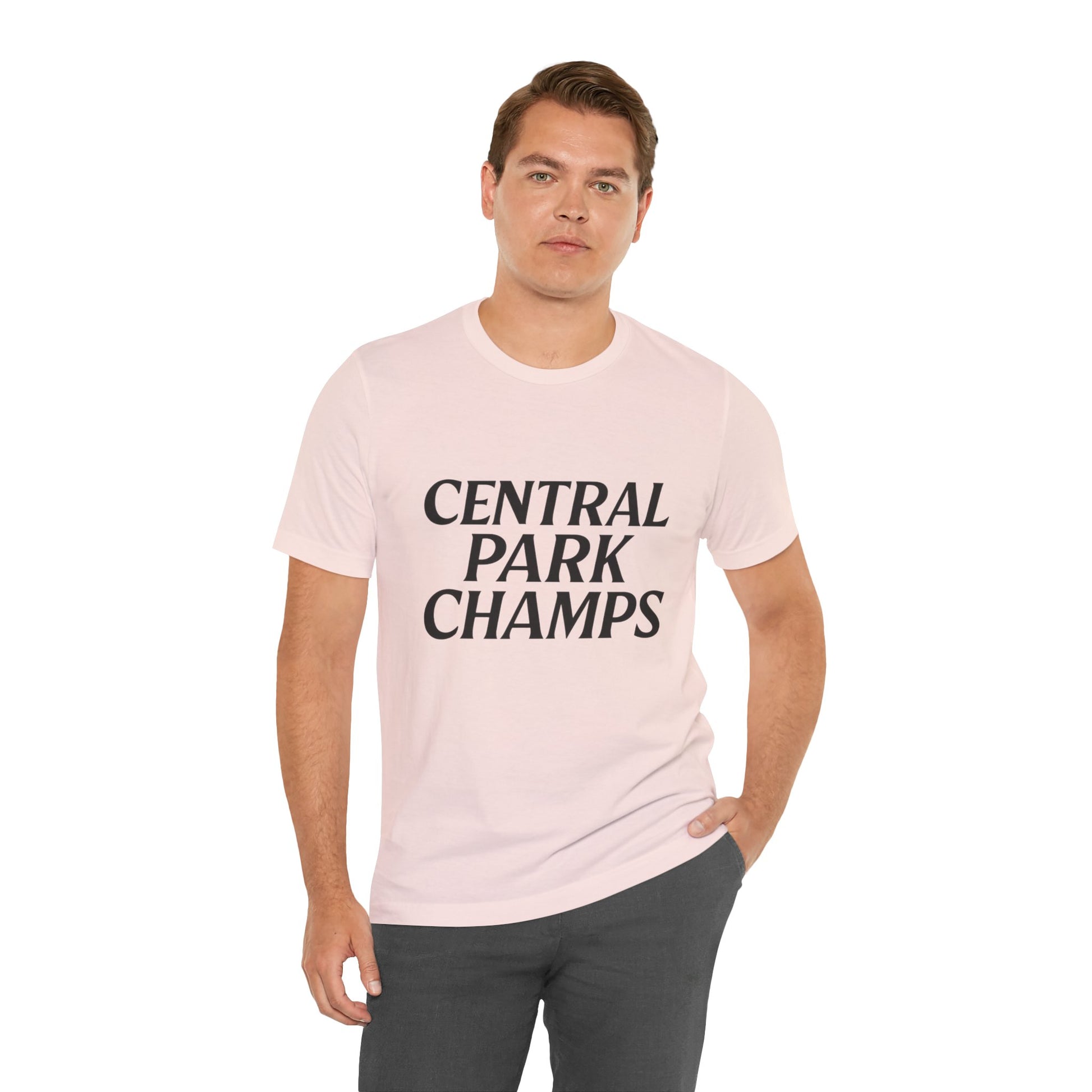 Central Park Champs tee hanging on clothing rack.