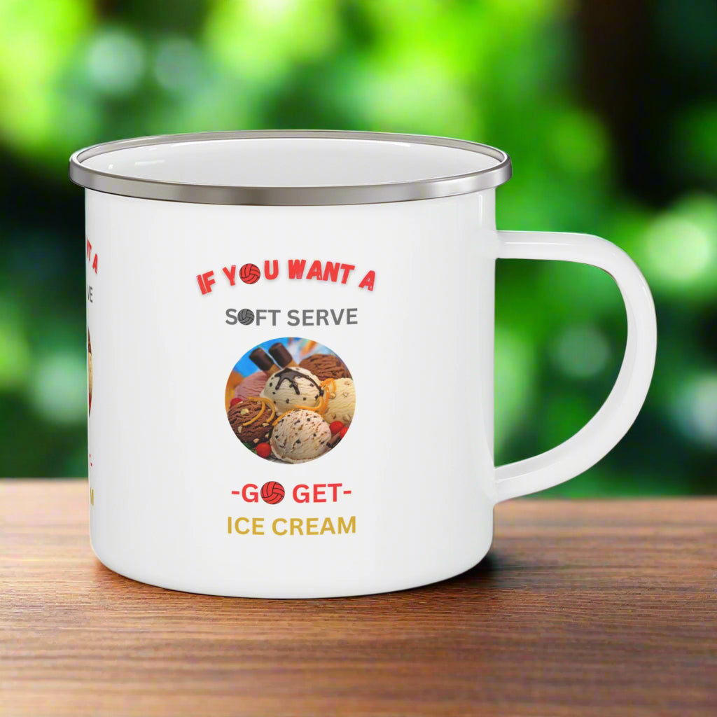 Stylish enamel mug featuring a bold volleyball-themed quote, perfect for athletes and sports lovers.
