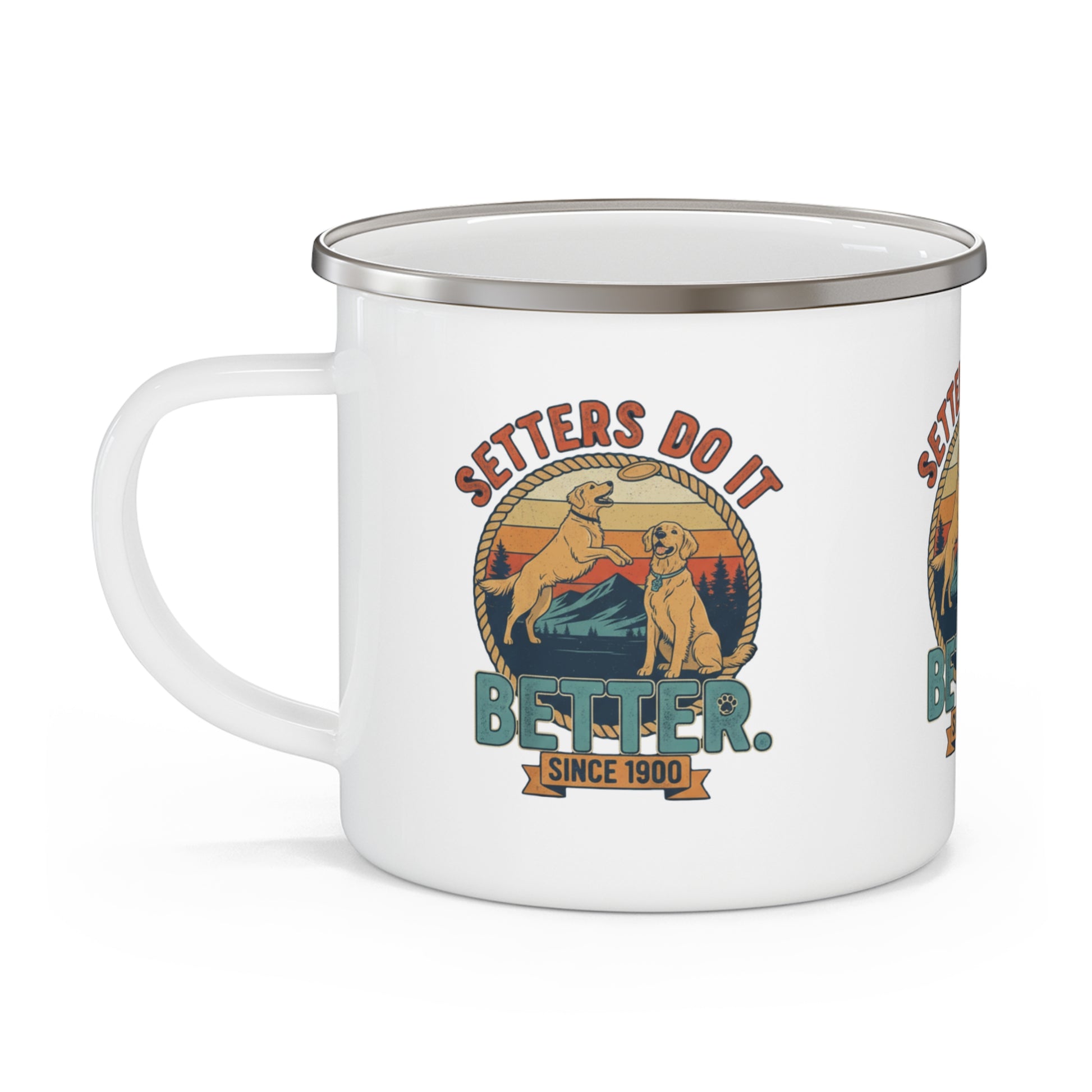 Volleyball humor enamel mug design close-up