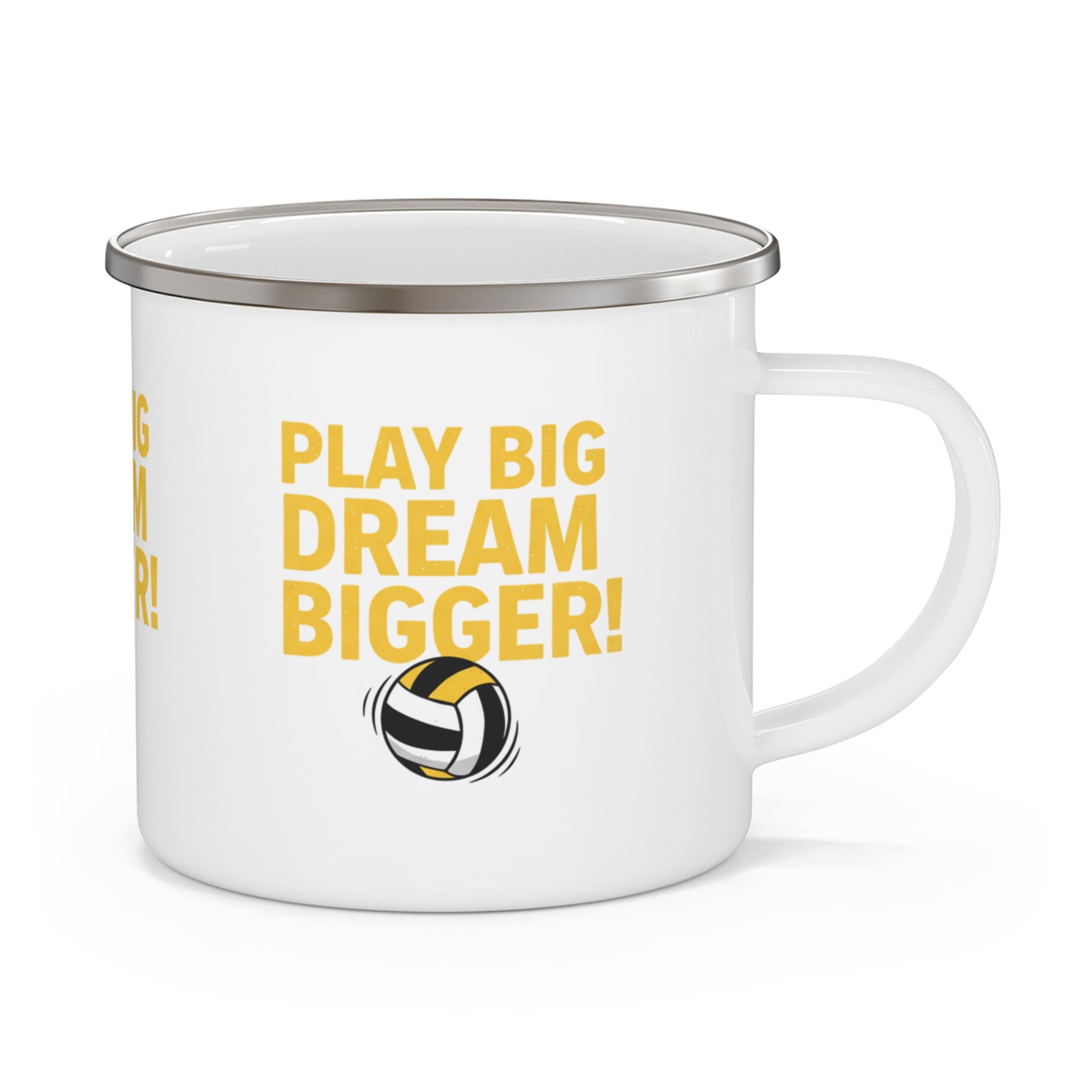 Motivational volleyball design printed on camping-style mug
