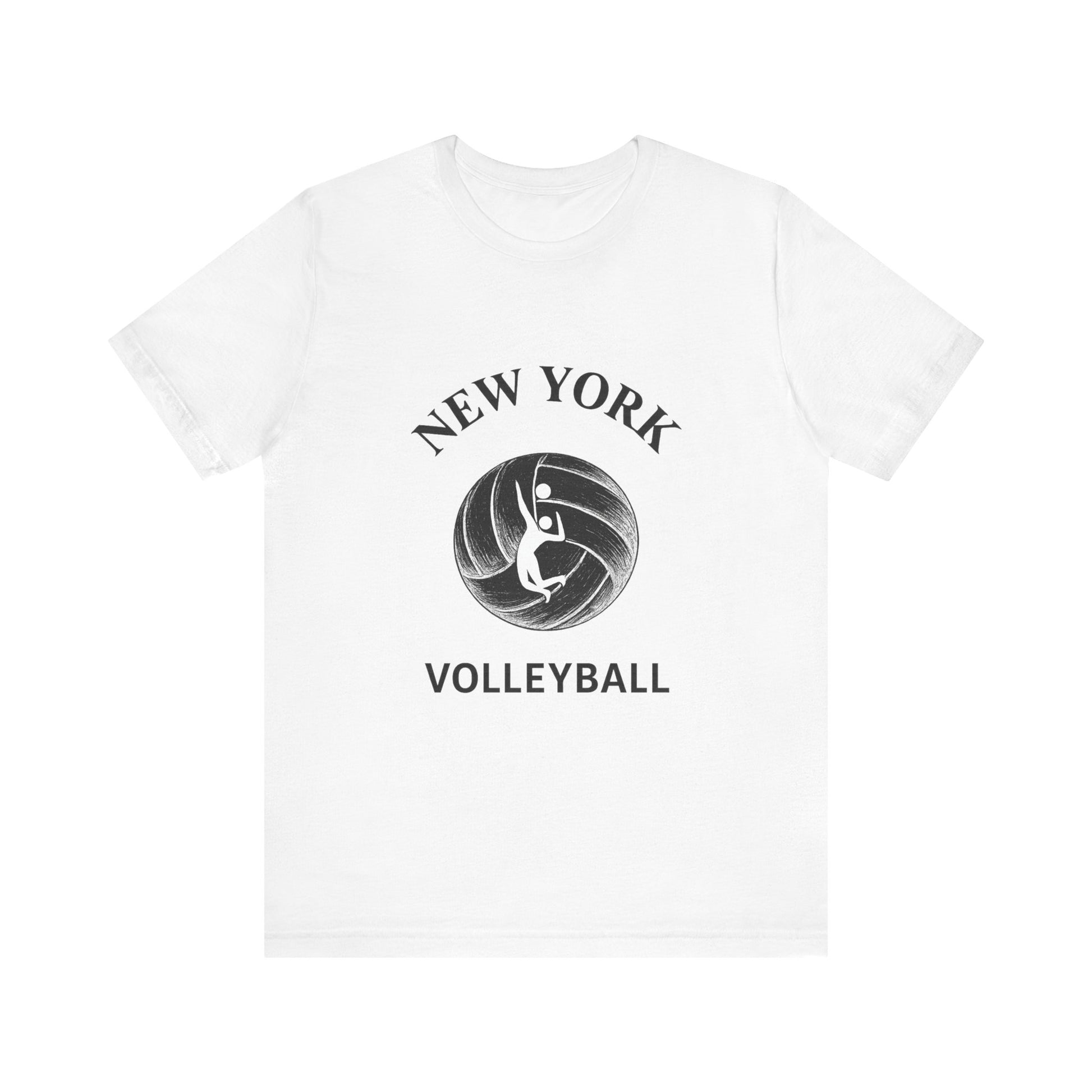 White volleyball design with spiking player and “New York Volleyball” text.