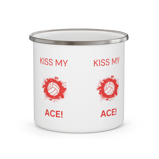 White enamel camping mug with “Kiss My Ace” volleyball design