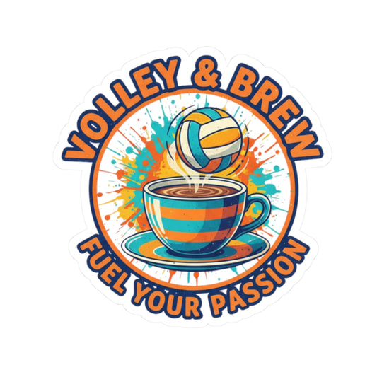 Volleyball Brew kiss-cut sticker with coffee and volleyball design