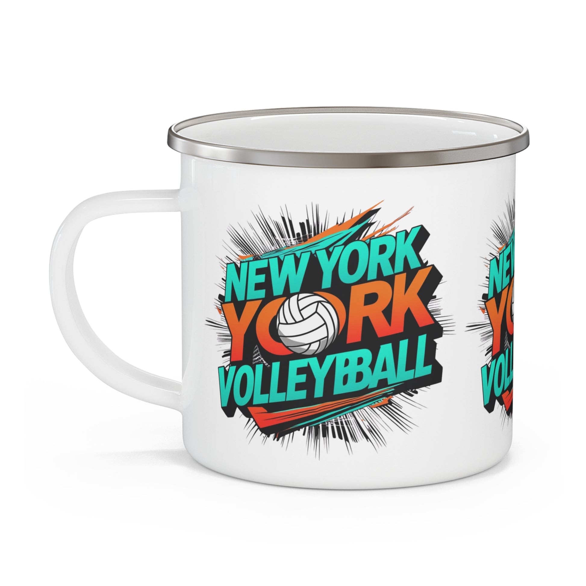 Volleyball-themed enamel mug featuring vibrant New York graphics.