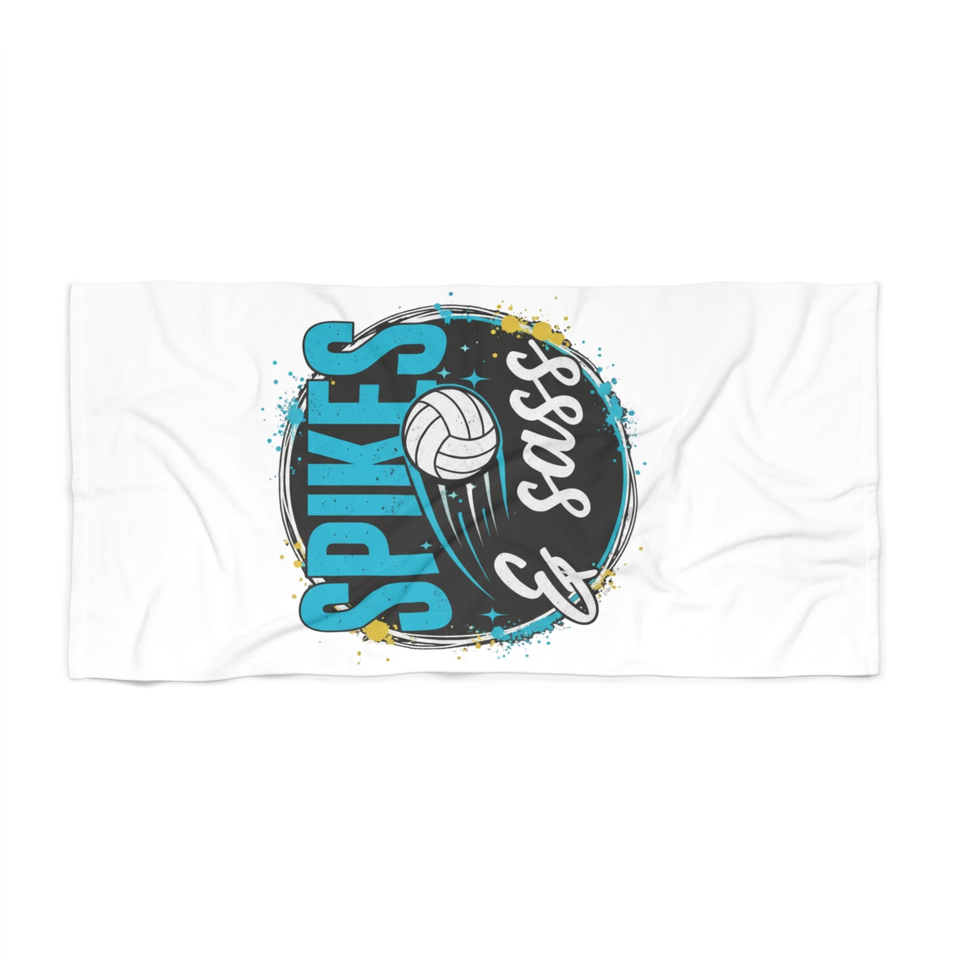 Spikes and Sass volleyball towel with bold design