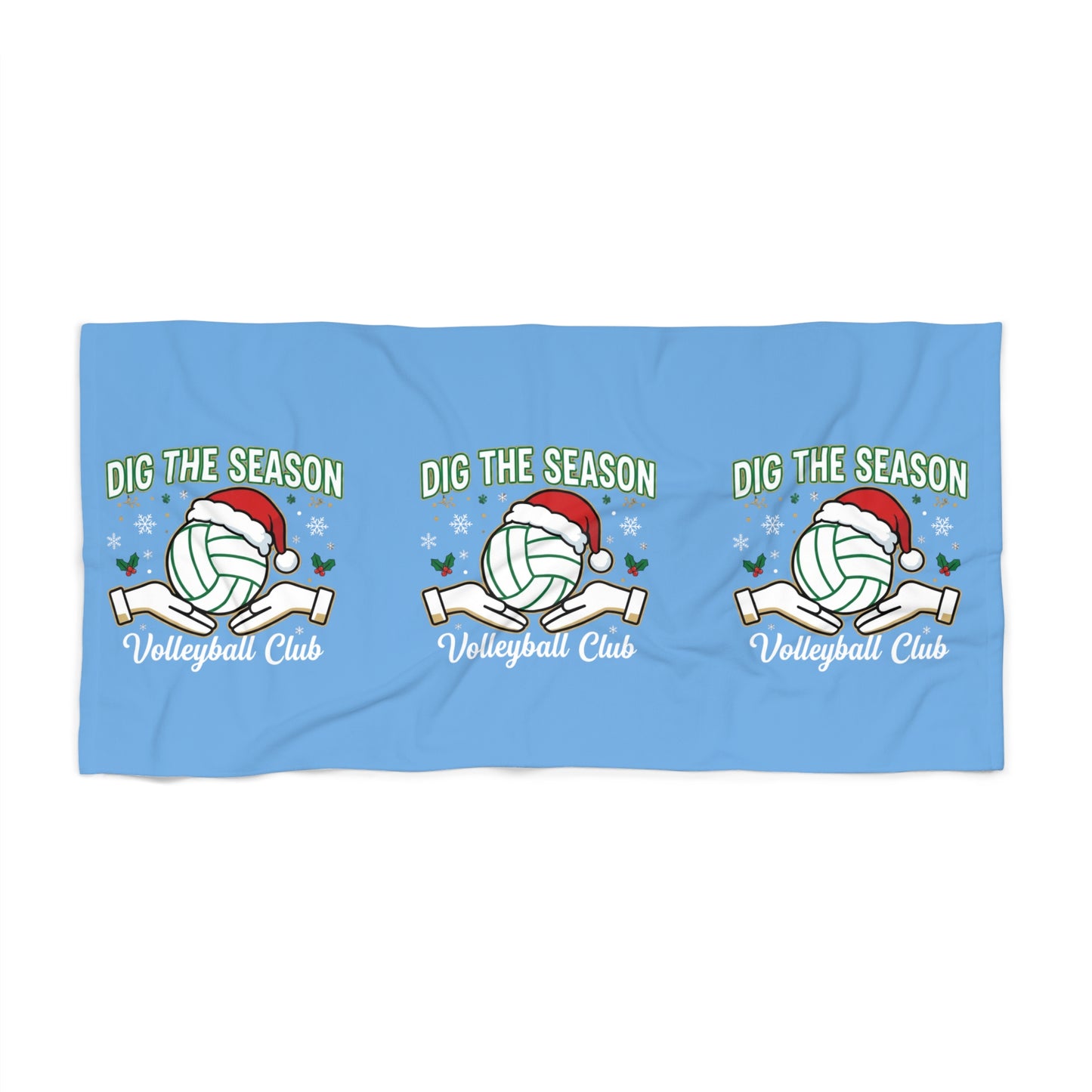 Festive volleyball towel design with Dig the Season text
