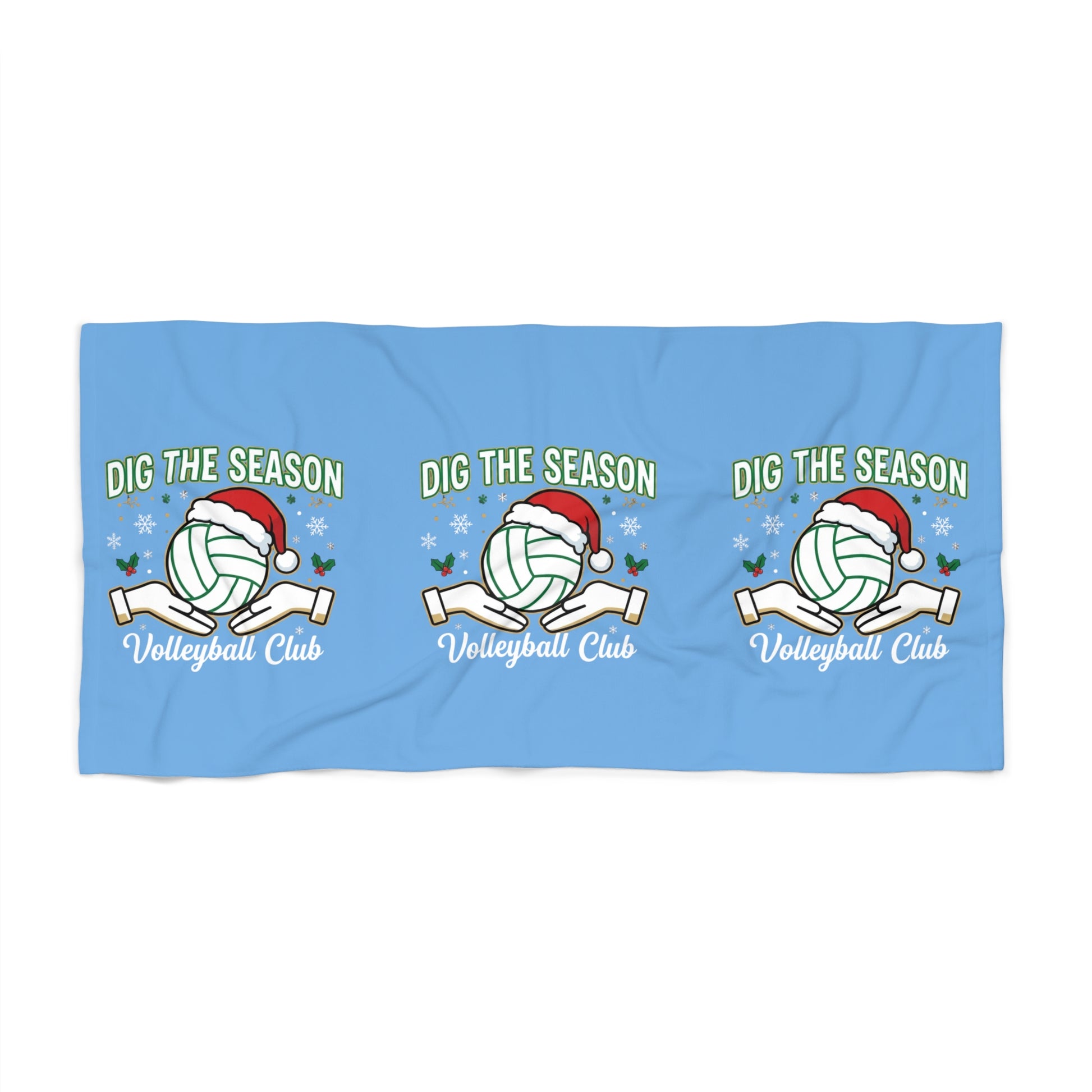 Festive volleyball towel design with Dig the Season text