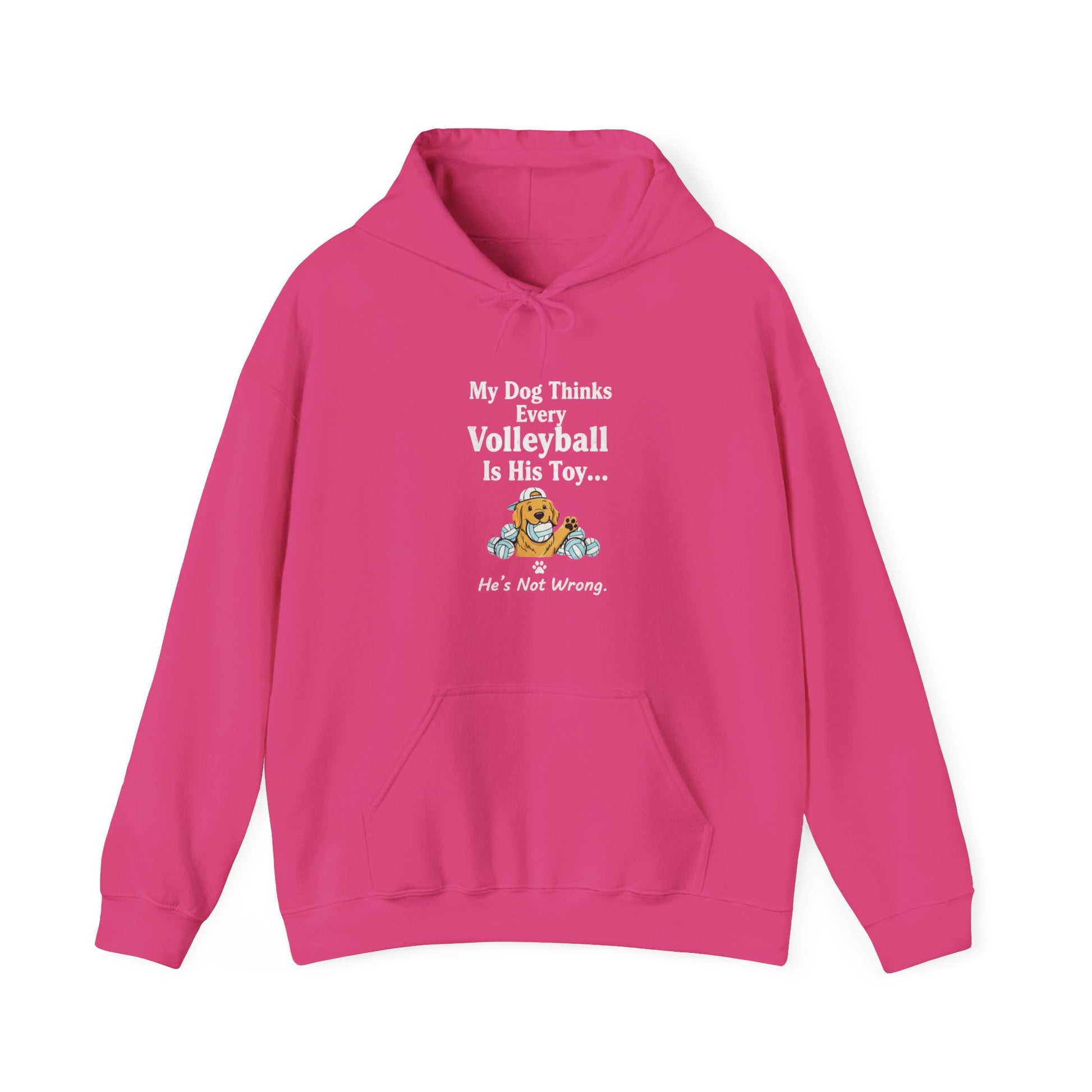 Playful dog-and-volleyball print with small tagline on hoodie.