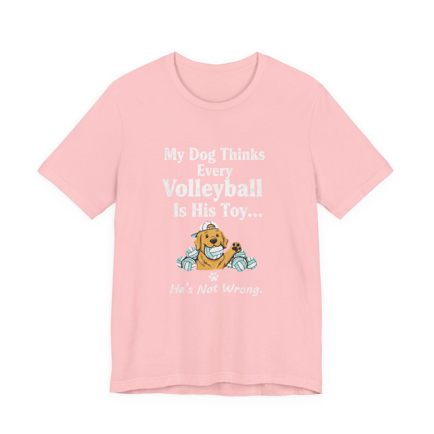 Playful dog and volleyball illustration printed on shirt.