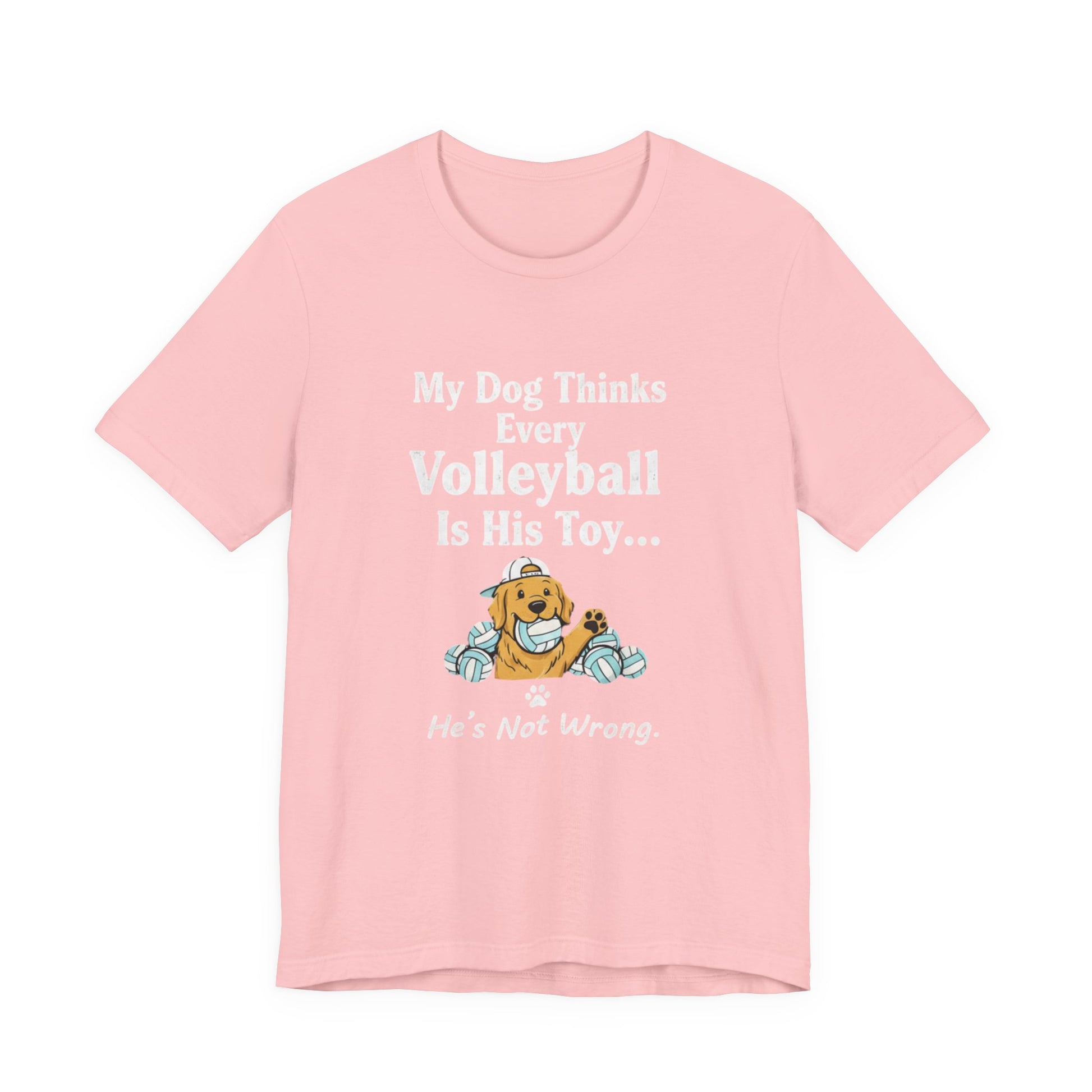 Playful dog and volleyball illustration printed on shirt.