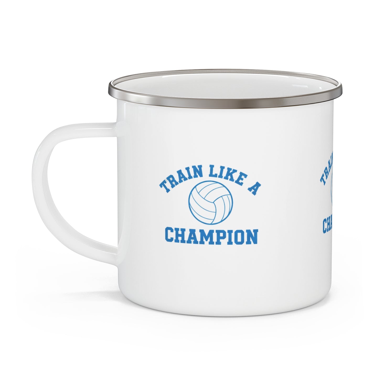 Athletic-style volleyball graphic on enamel drinkware