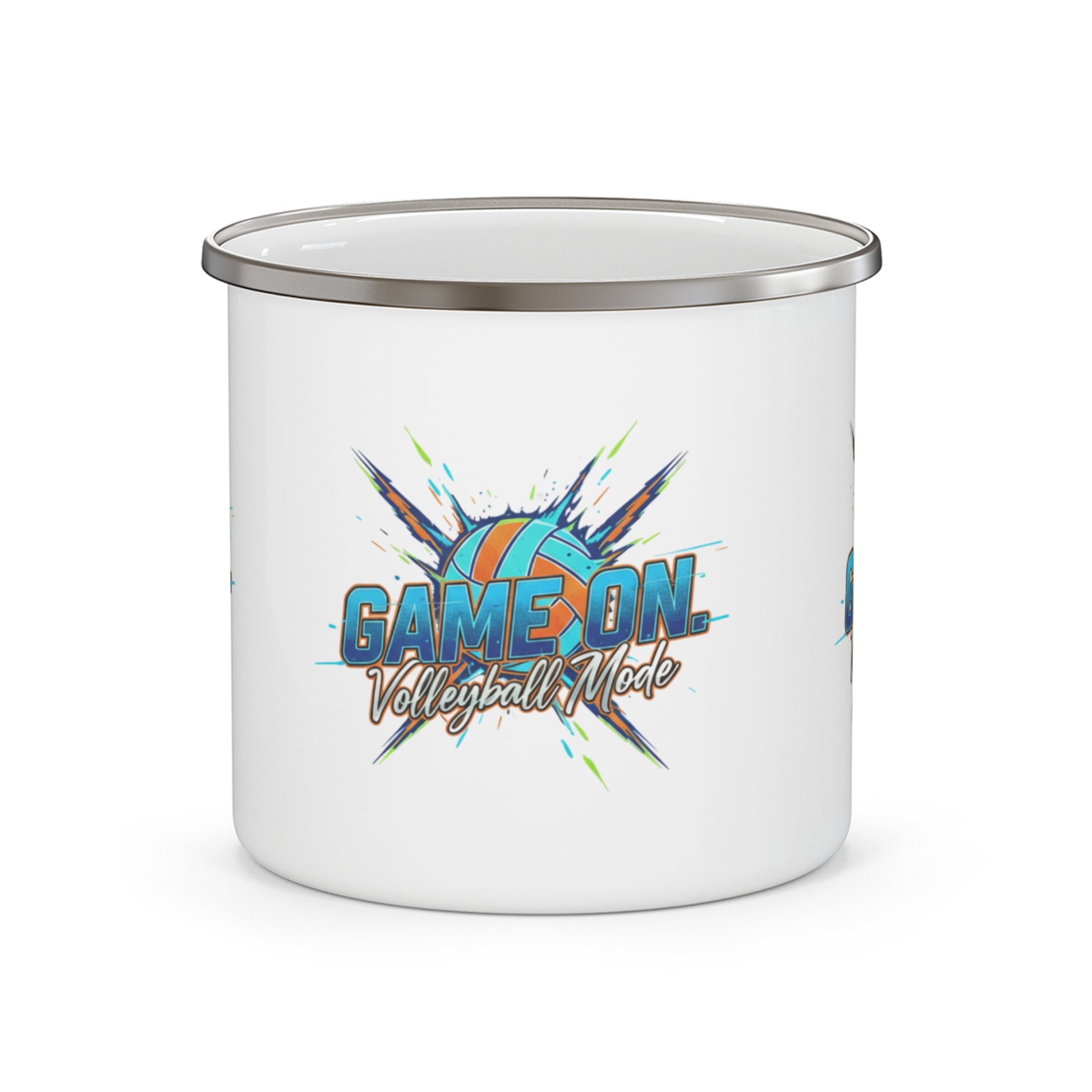 Enamel camping mug with “Game On Volleyball Mode” design.