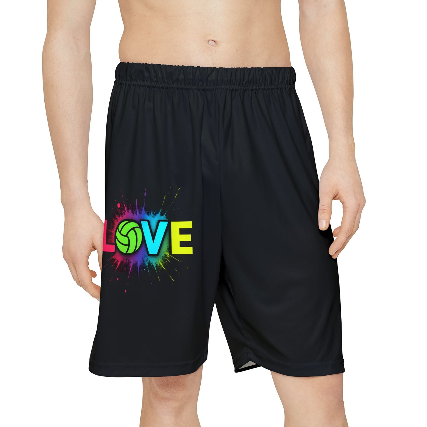 Neon Love Volleyball artwork printed on black athletic shorts