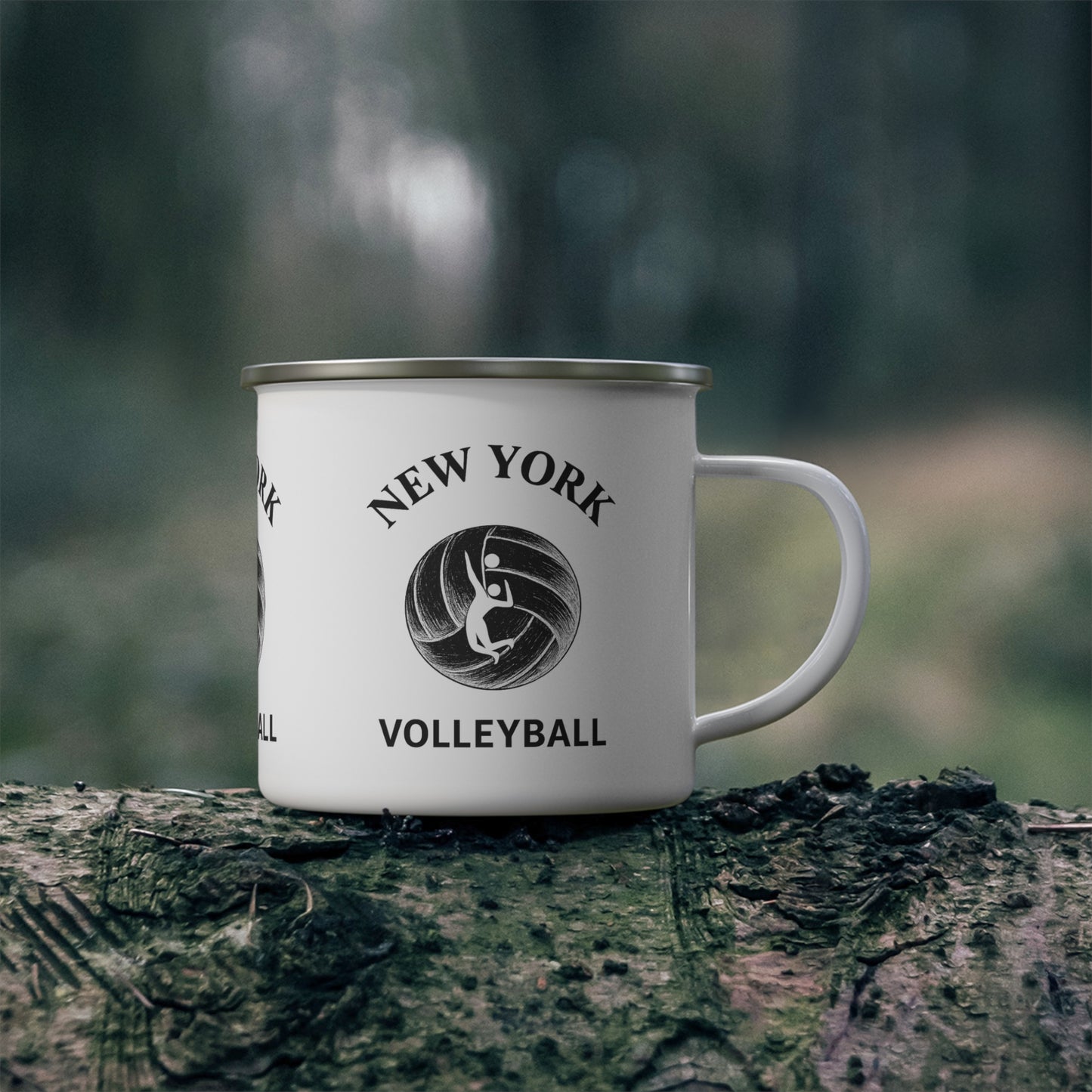 Glossy enamel mug featuring volleyball spike logo design