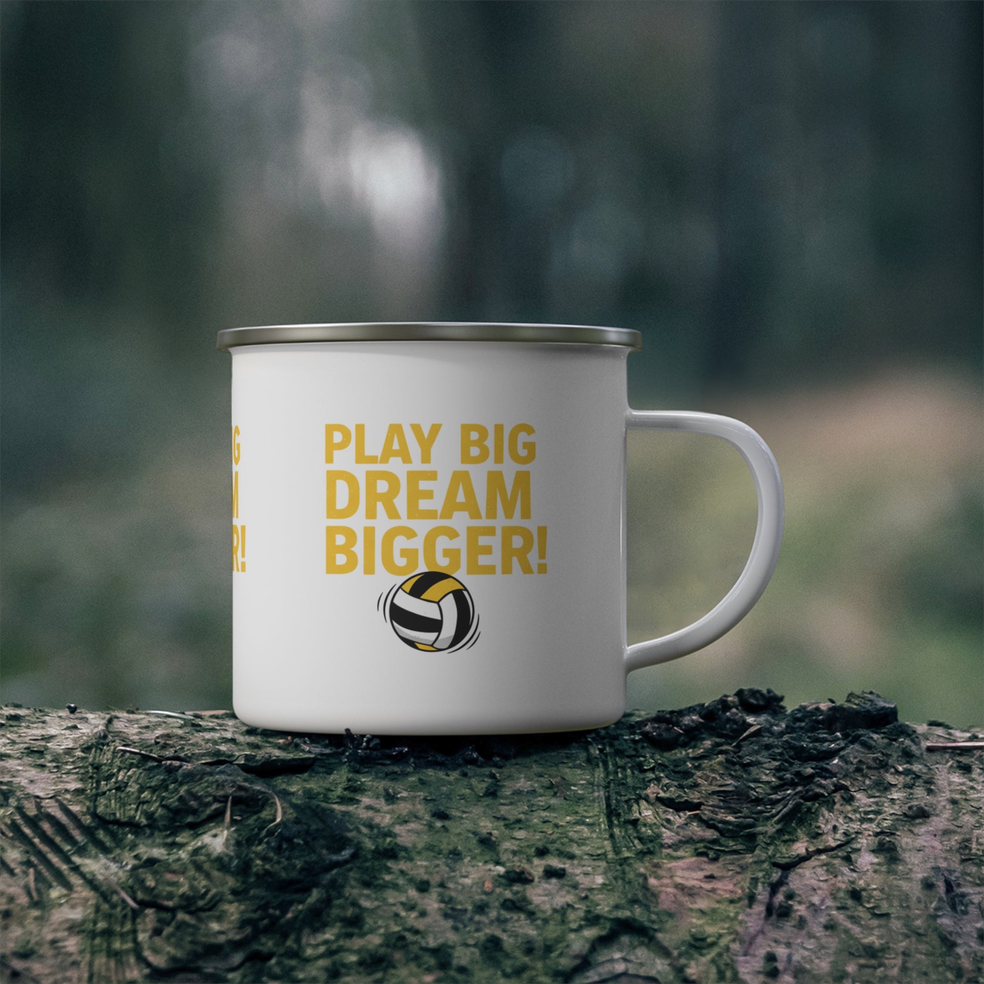 Enamel mug featuring bold volleyball quote and striped ball graphic