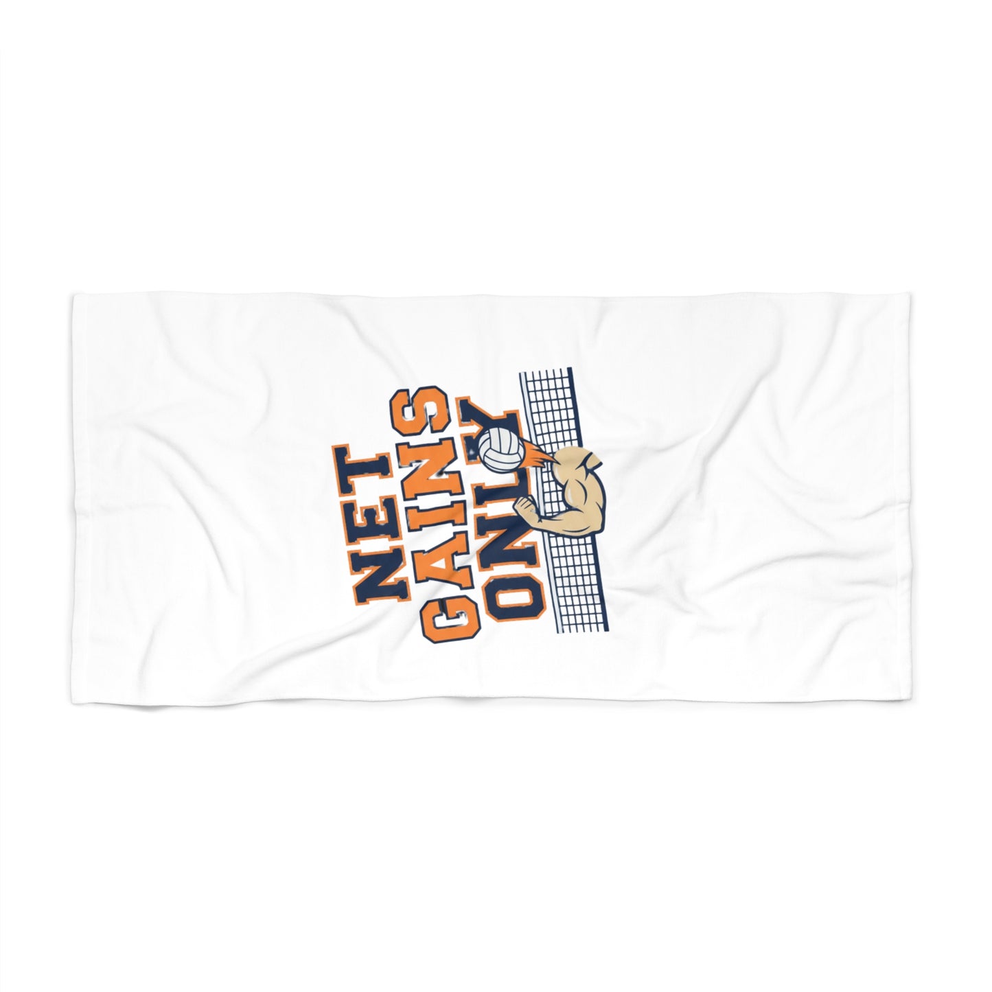 Net Gains Only volleyball beach towel with bold typography