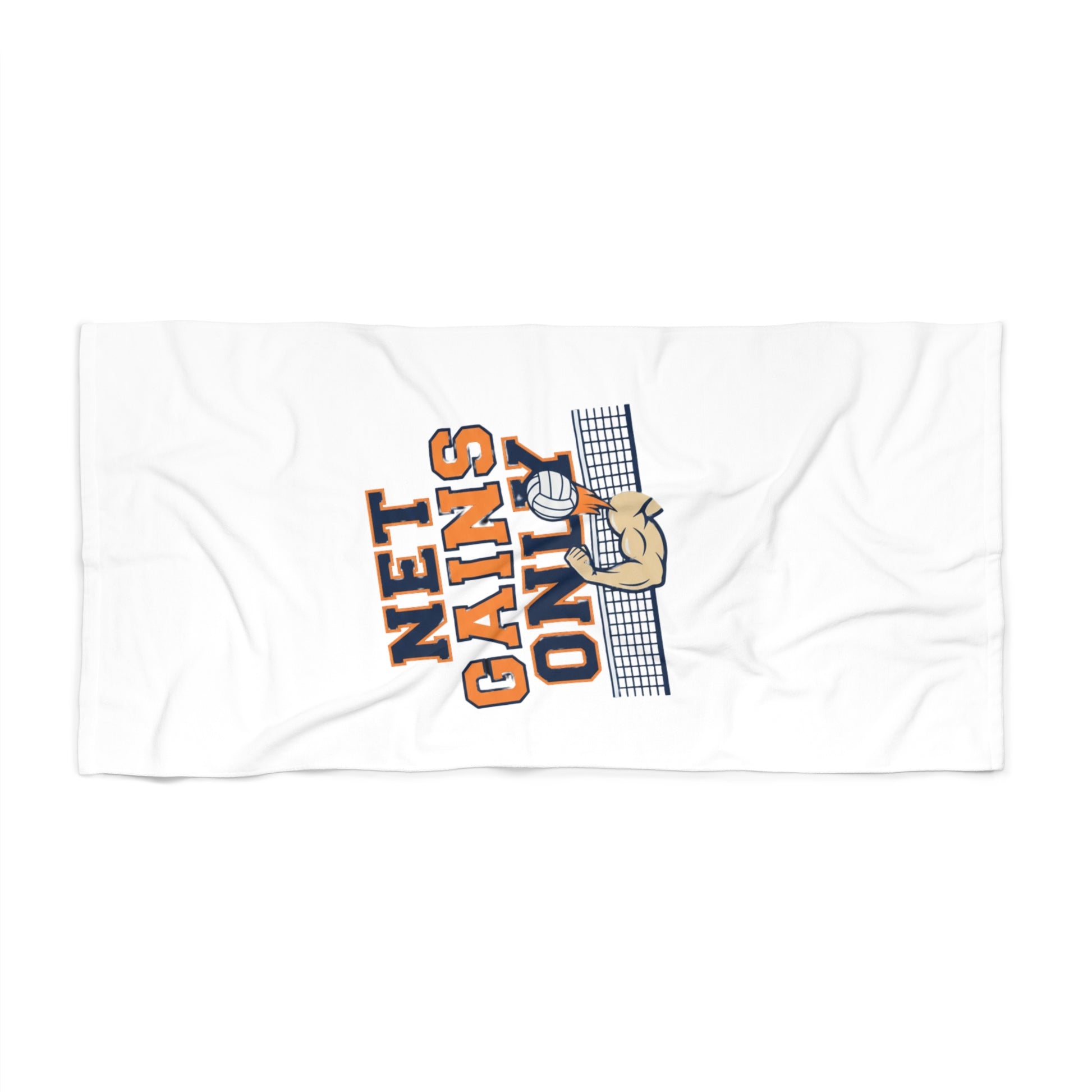 Net Gains Only volleyball beach towel with bold typography