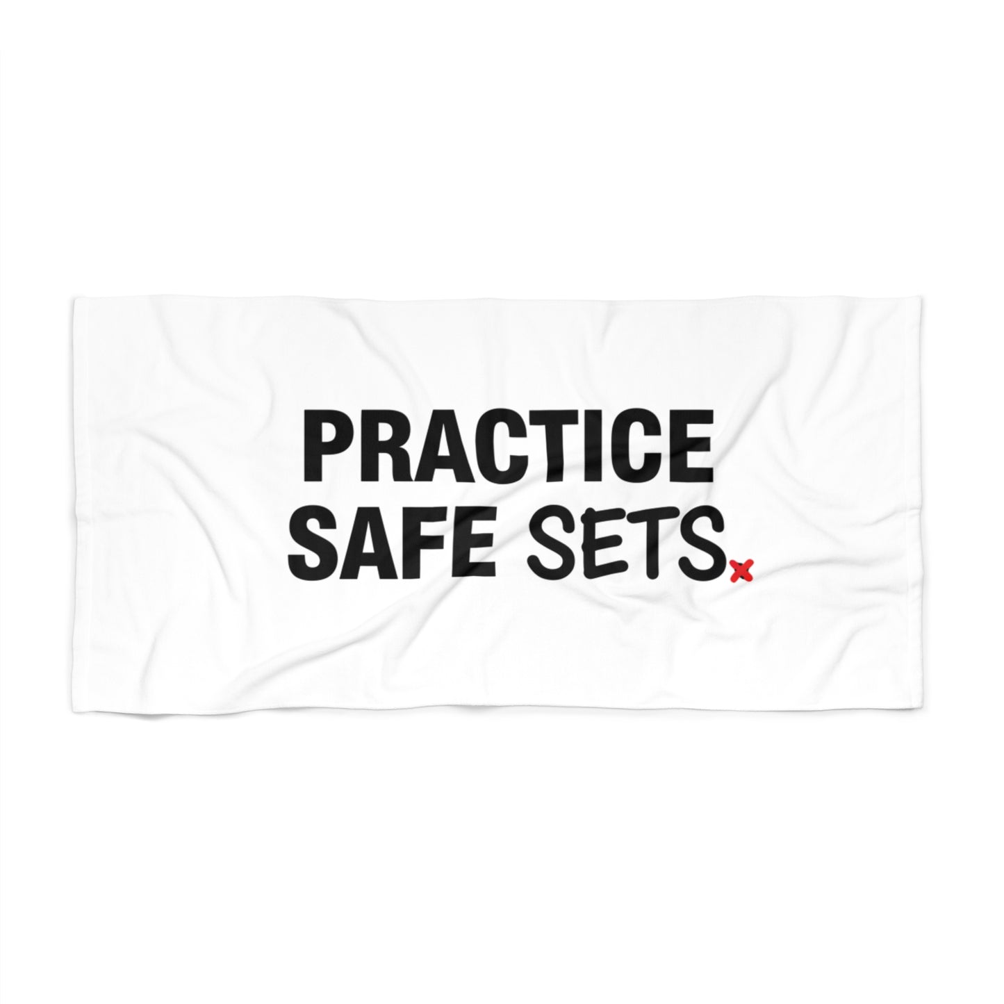 Practice Safe Sets volleyball slogan printed on beach towel