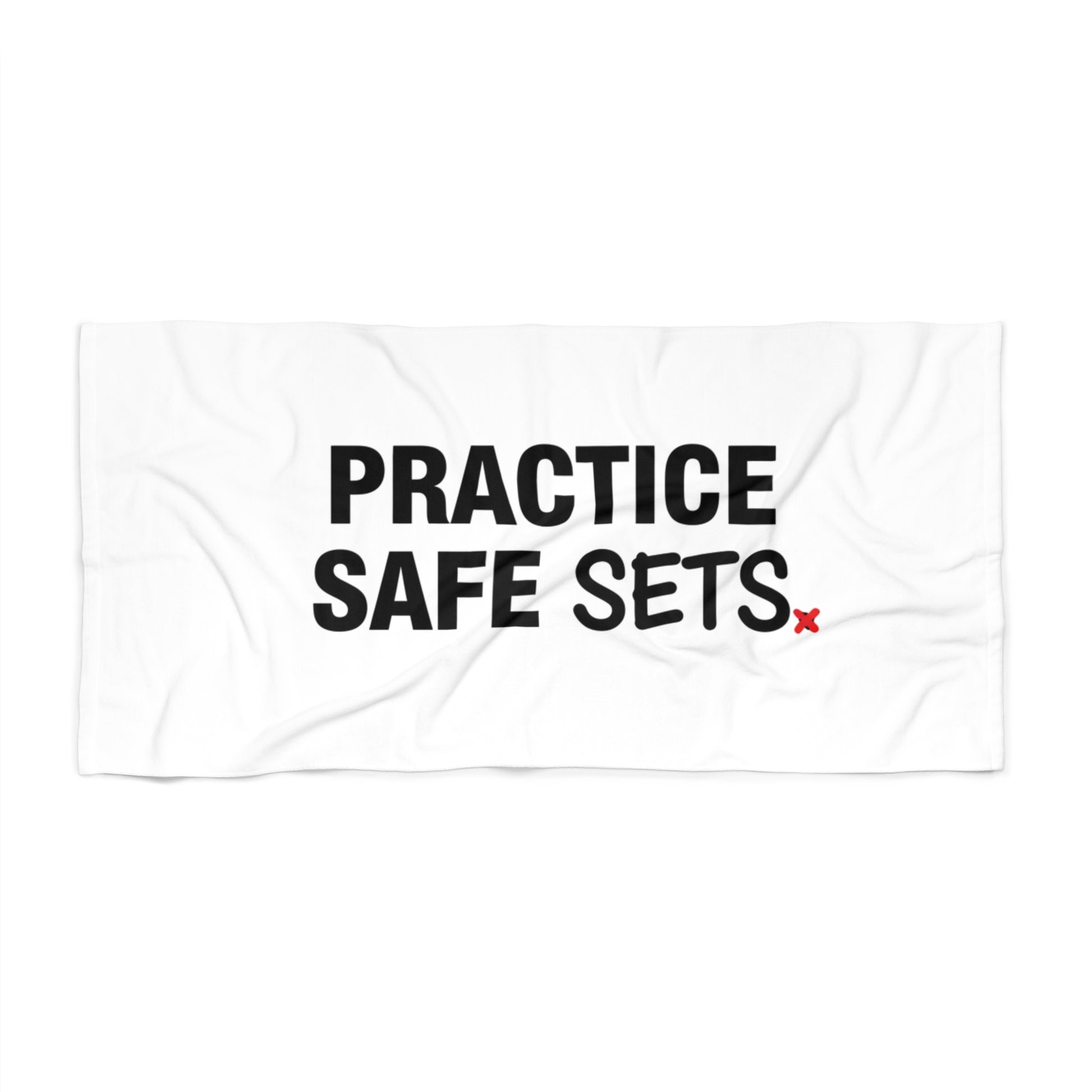 Practice Safe Sets volleyball slogan printed on beach towel