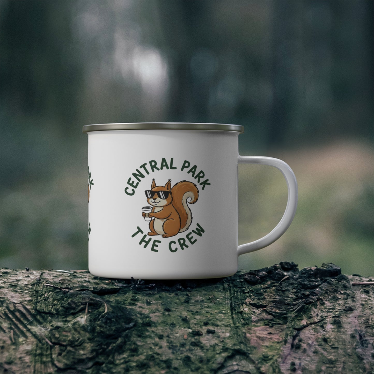 White enamel mug with silver rim and colorful squirrel artwork.