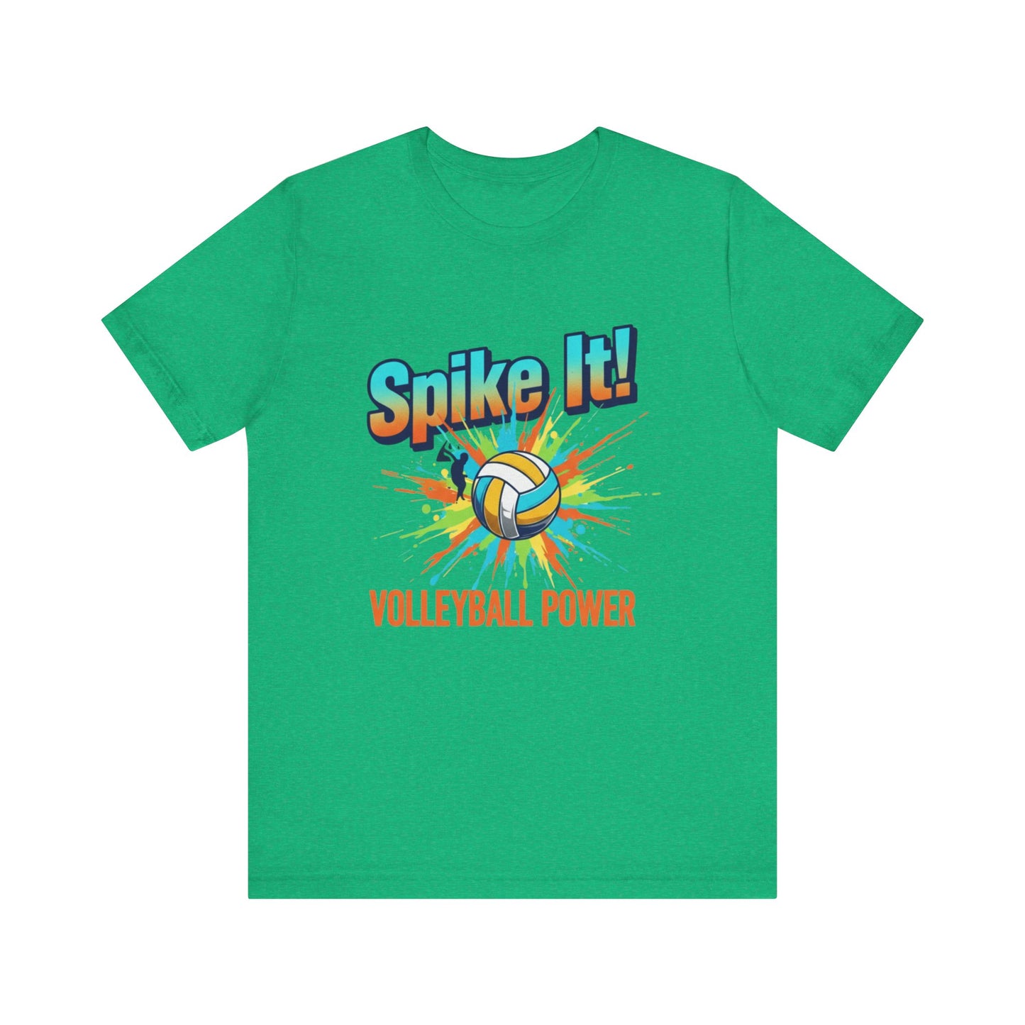 Energetic volleyball tee with multicolor splash and volleyball illustration