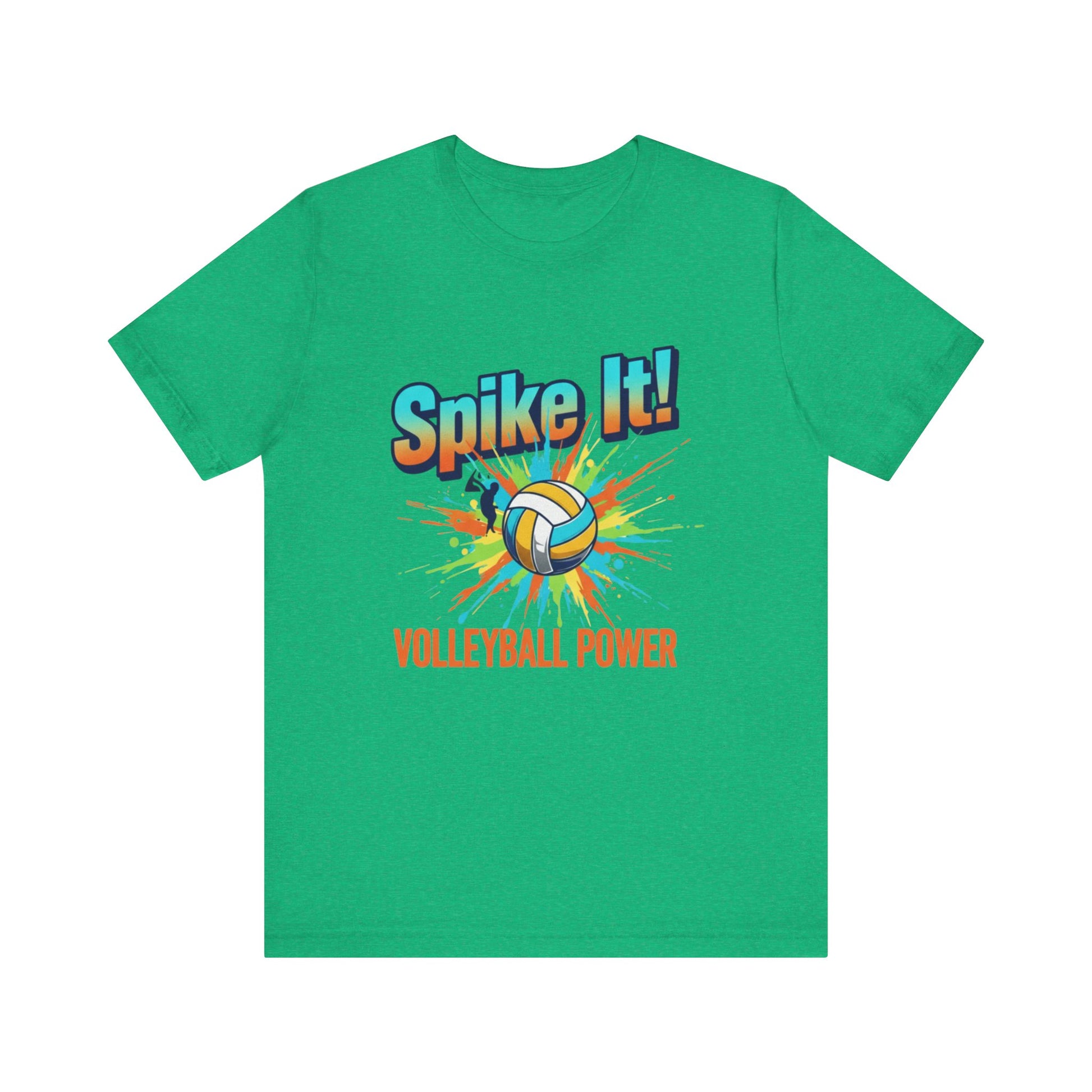 Energetic volleyball tee with multicolor splash and volleyball illustration