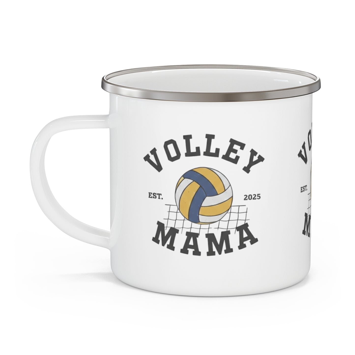 Volley Mama enamel mug on outdoor table