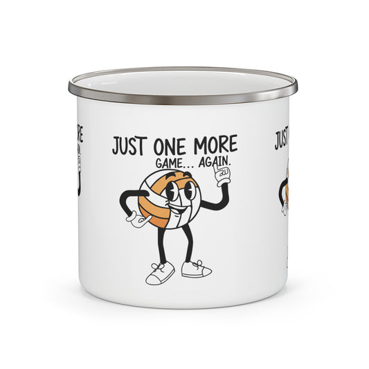 Enamel mug with “Just One More Game… Again” volleyball print
