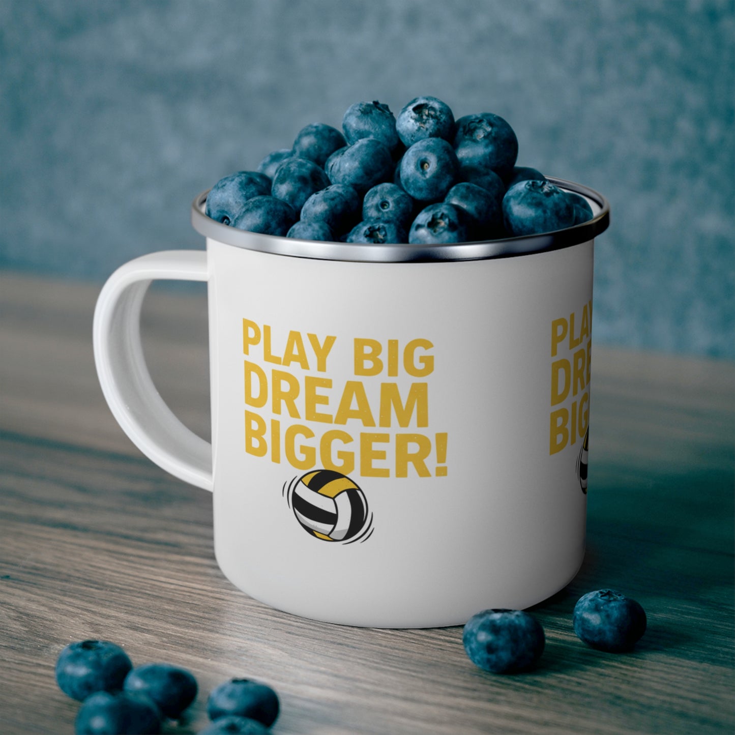 Striped volleyball illustration under PLAY BIG. DREAM BIGGER! text