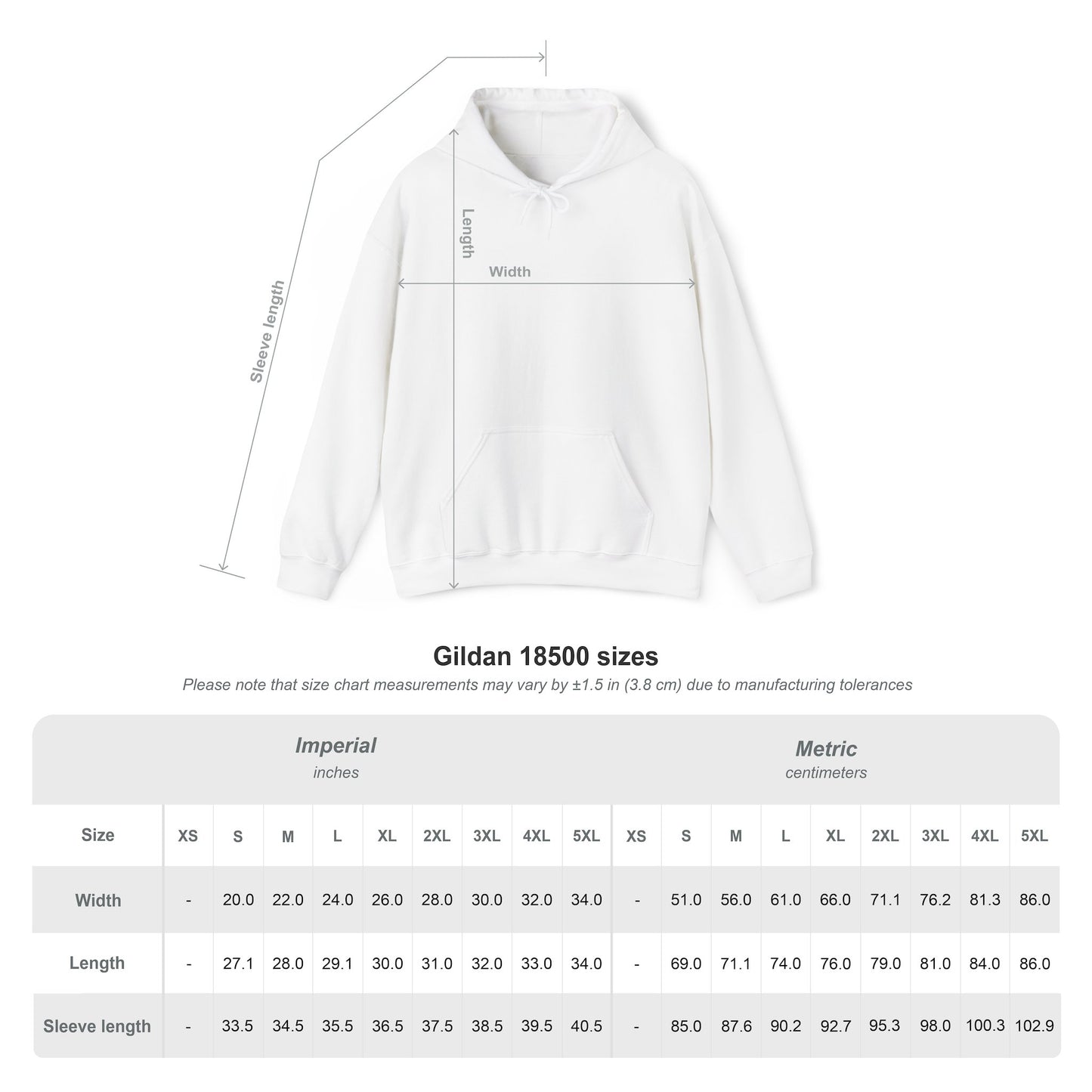 Unisex hoodie size chart with chest, length, and sleeve measurements in inches and centimeters