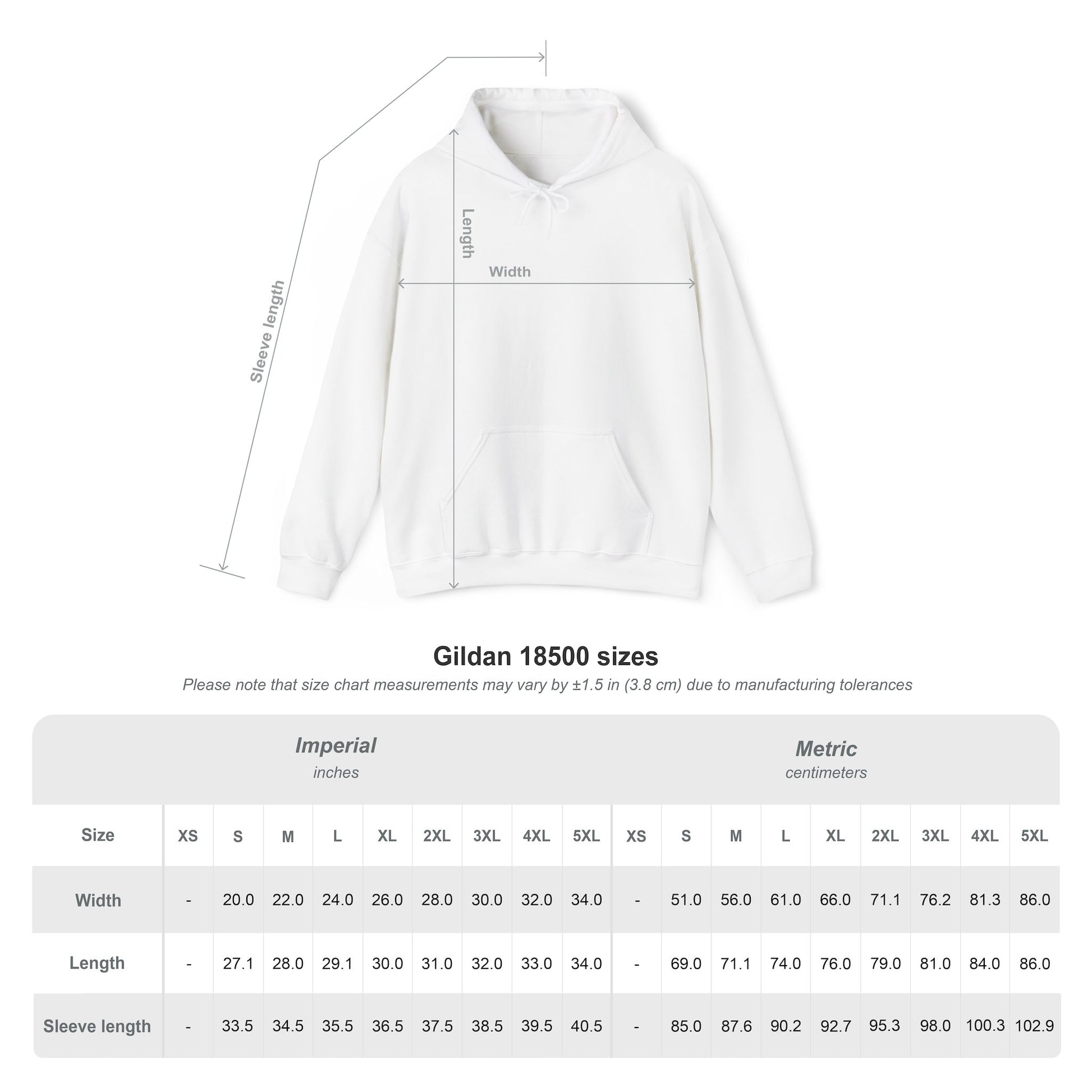 Unisex hoodie size chart with chest, length, and sleeve measurements in inches and centimeters