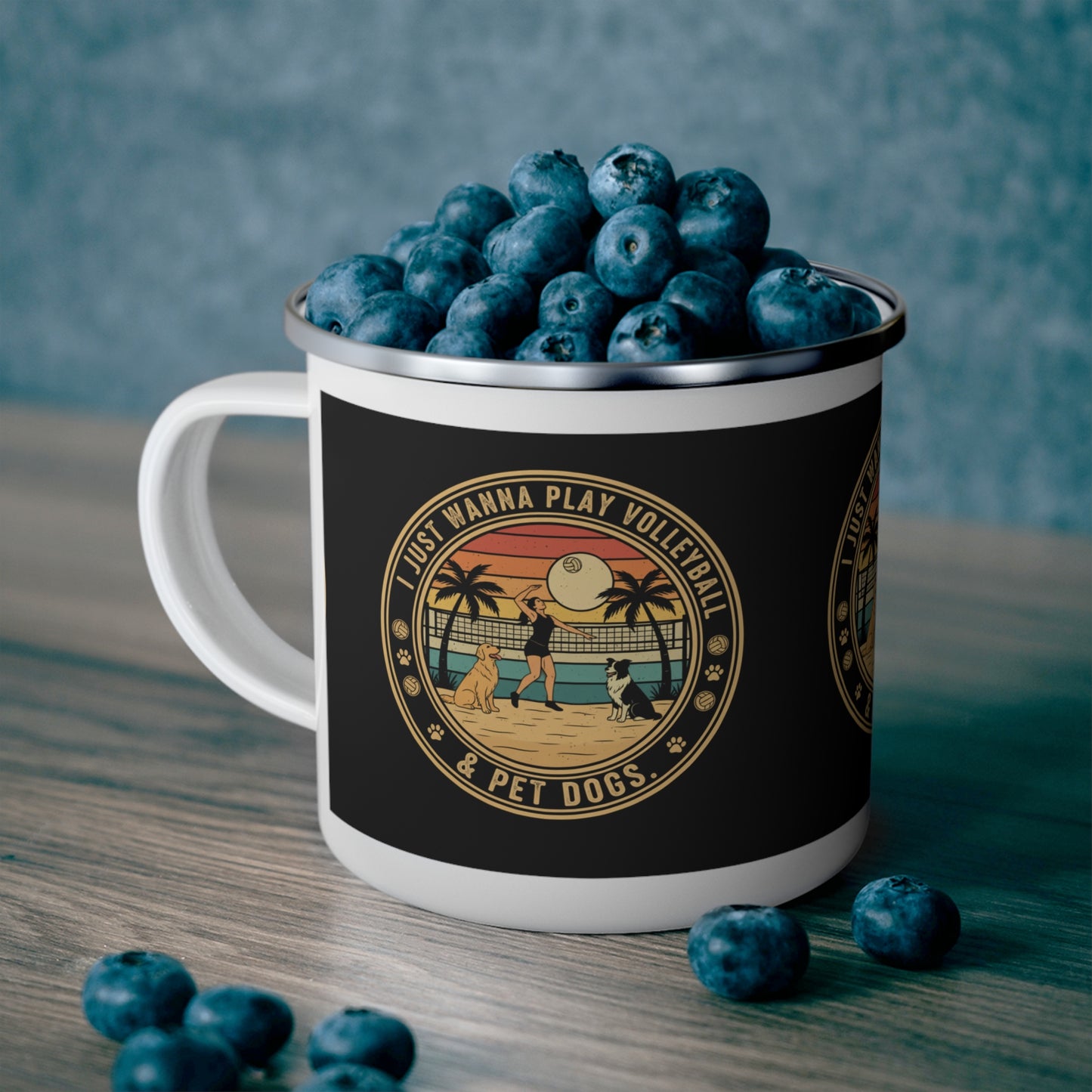 Crisp volleyball and dog lover graphic on mug.