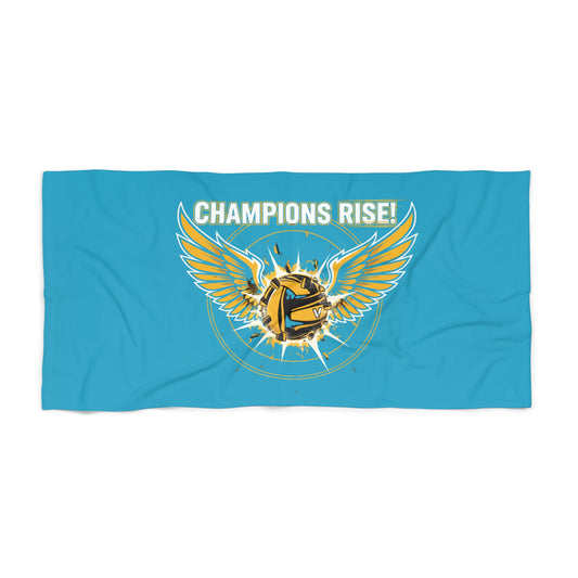 Winged volleyball beach towel with Champions Rise text