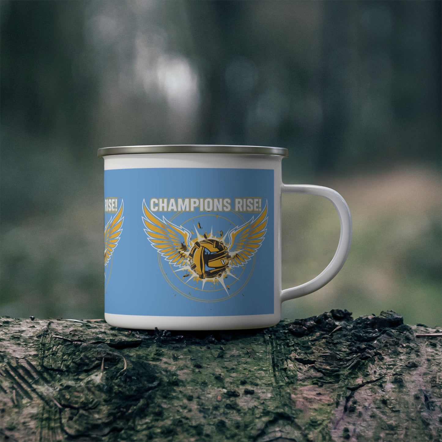 Volleyball enamel mug featuring flying volleyball design