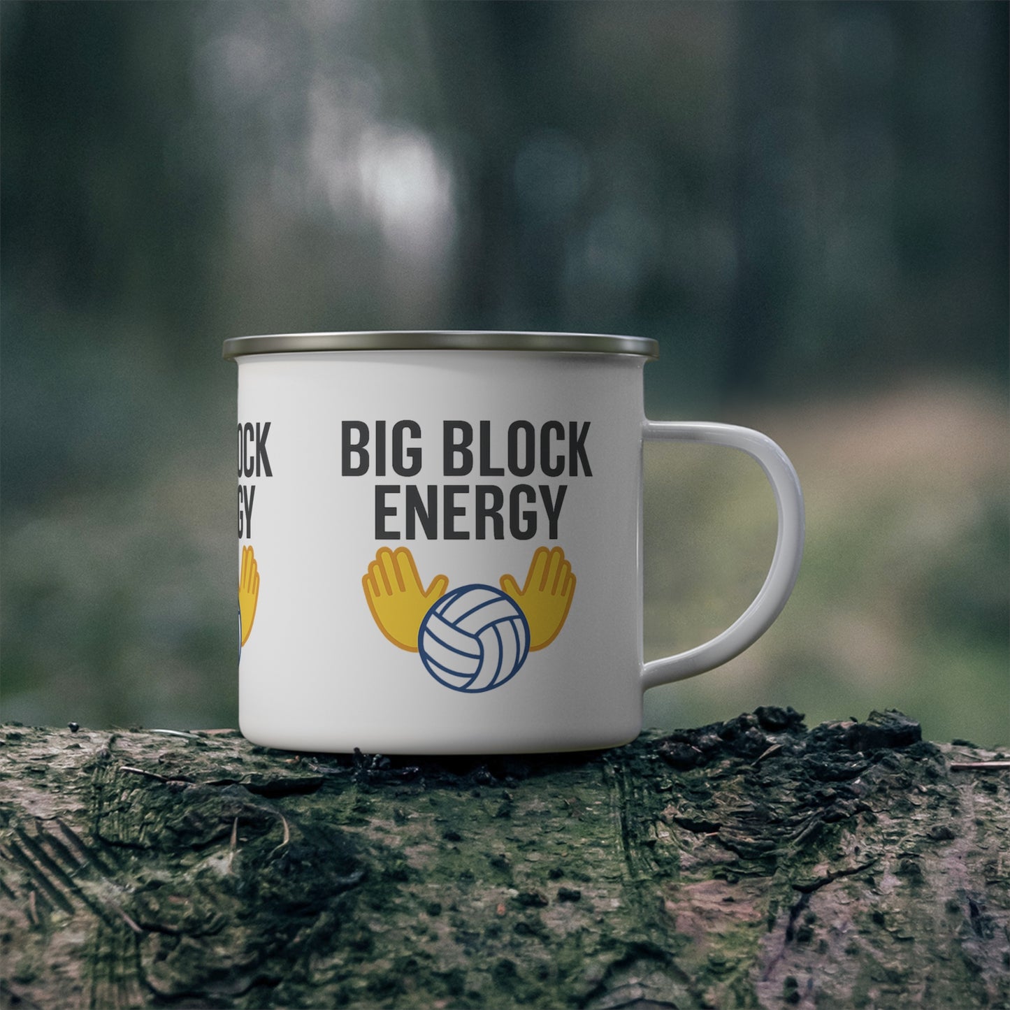 Enamel camping mug featuring volleyball between two blocking hands