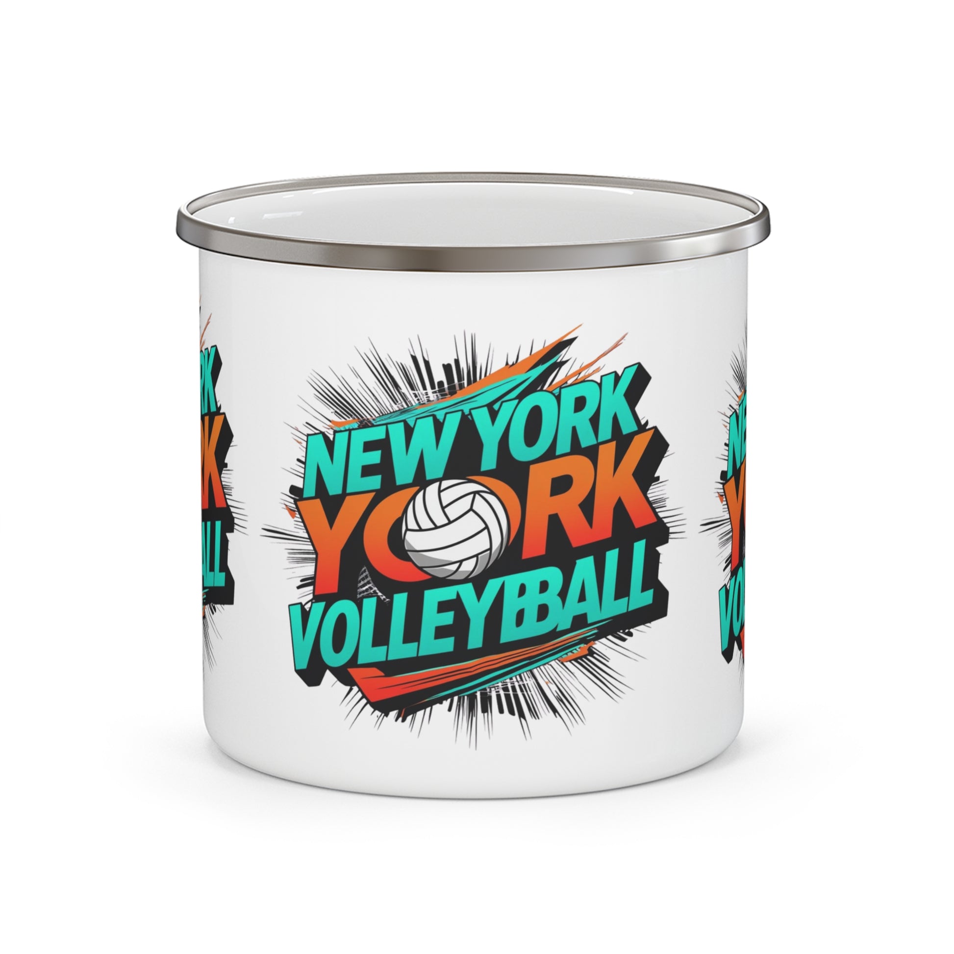 New York Volleyball enamel camping mug with bold orange and teal design.