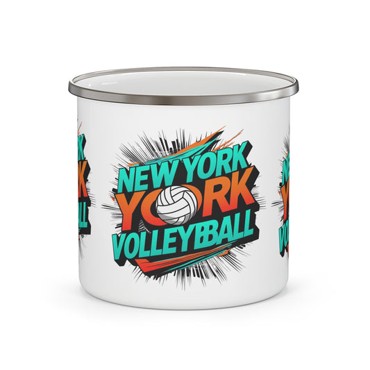 New York Volleyball enamel camping mug with bold orange and teal design.