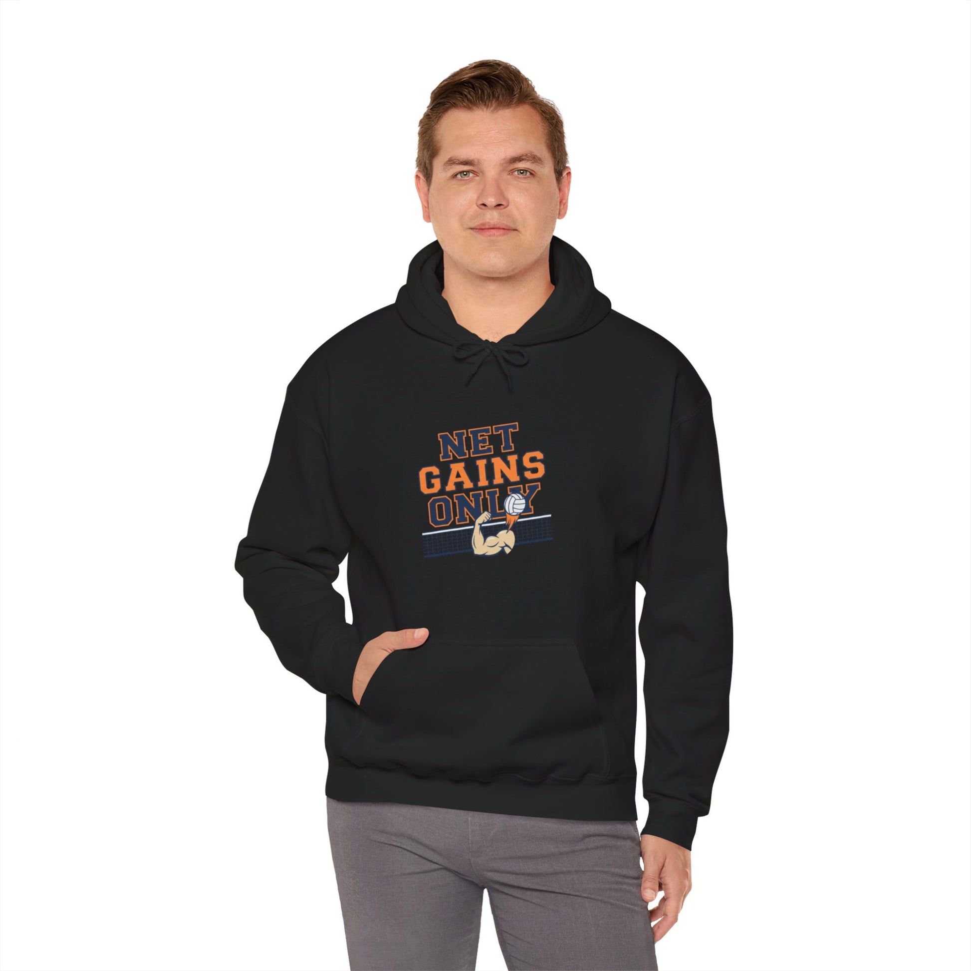 Athlete-focused hoodie with Net Gains Only slogan
