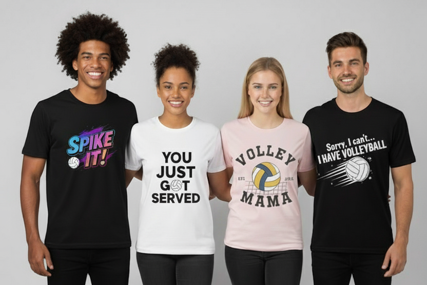 Four models wearing New York Volleyball apparel in different colors and designs, showcasing volleyball-inspired style on a beach court.